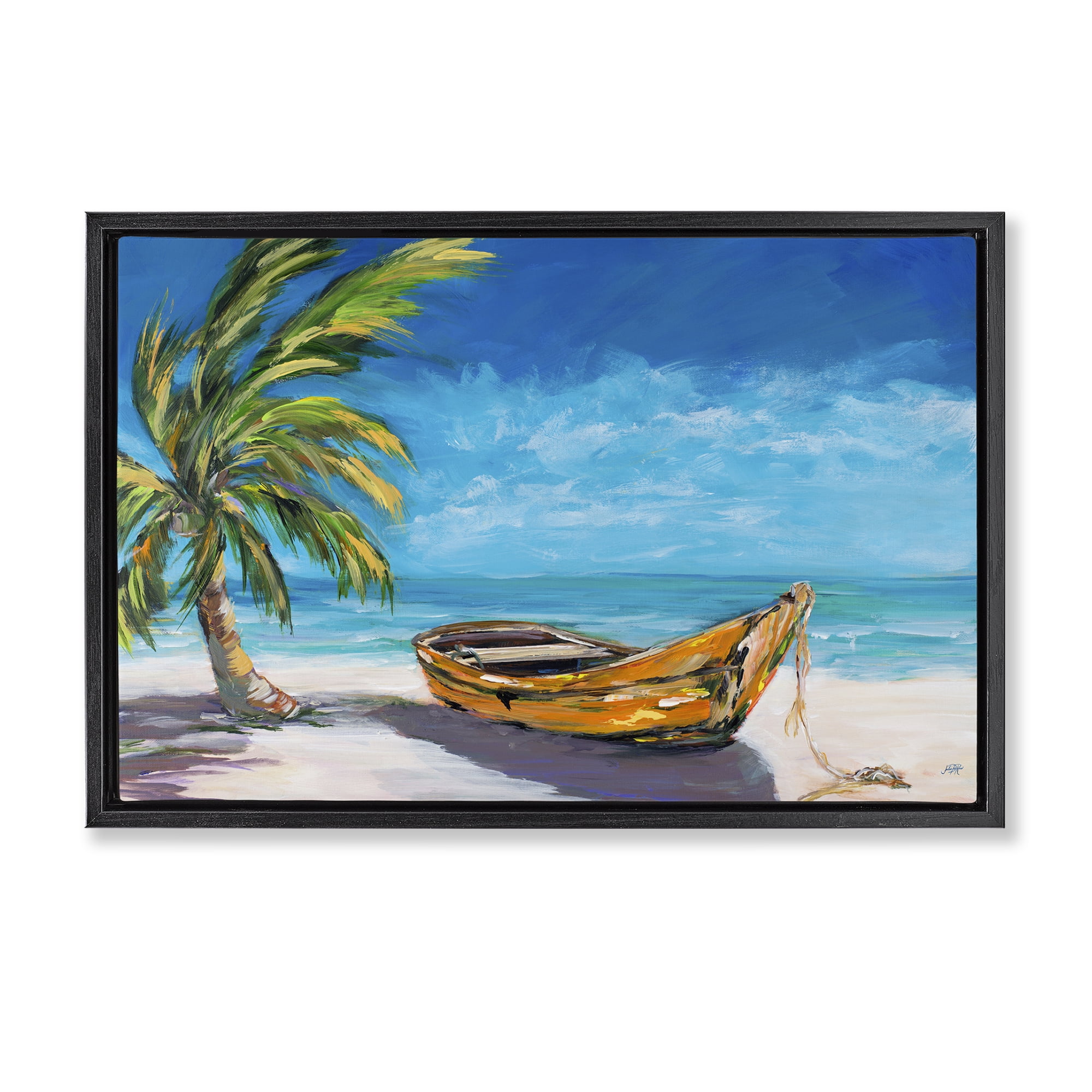 Stupell Industries Lost Island Palm & Boat Black Framed Floater Canvas Wall Art, design by Julie DeRice
