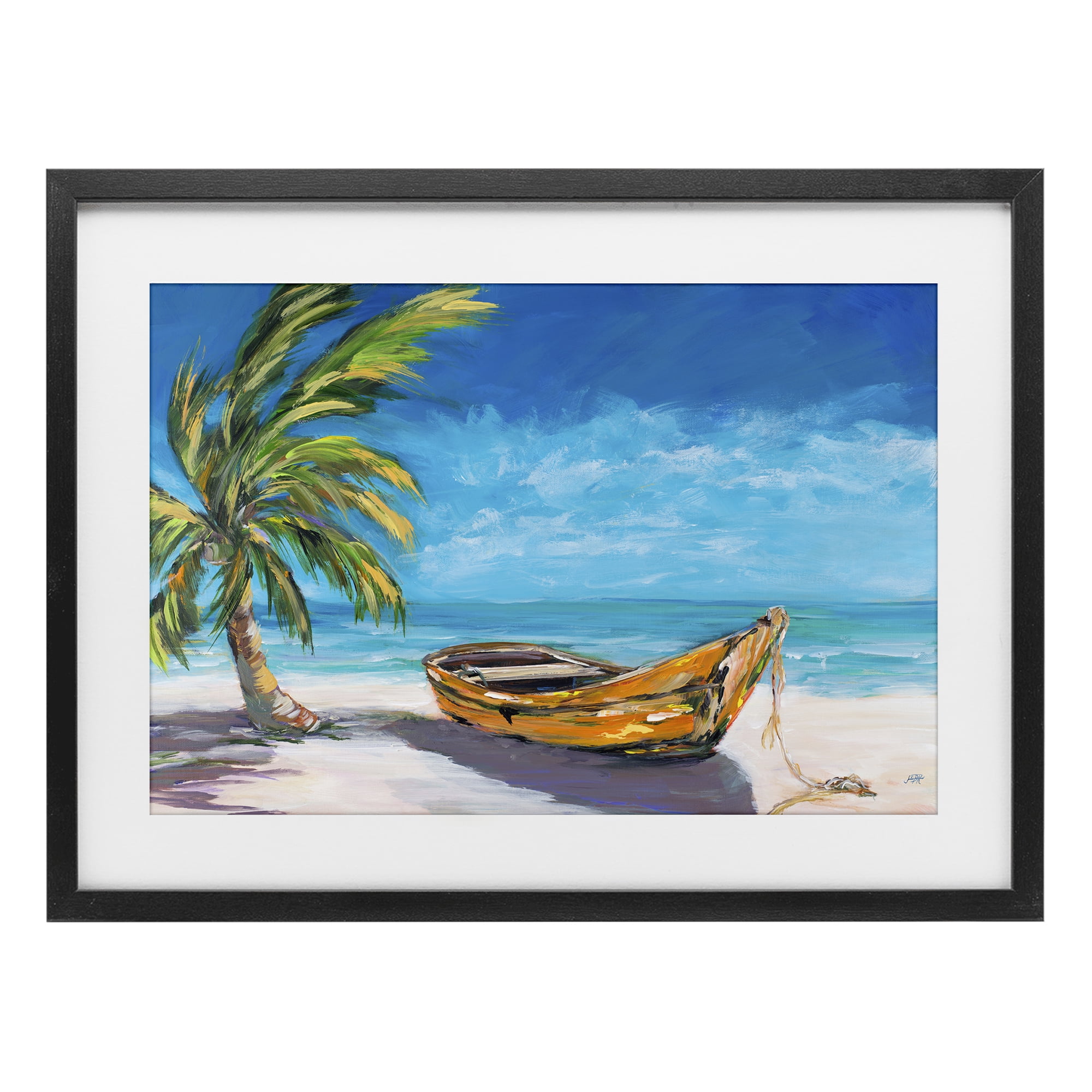 Stupell Industries Lost Island Palm & Boat Black Framed Print Under Glass, design by Julie DeRice
