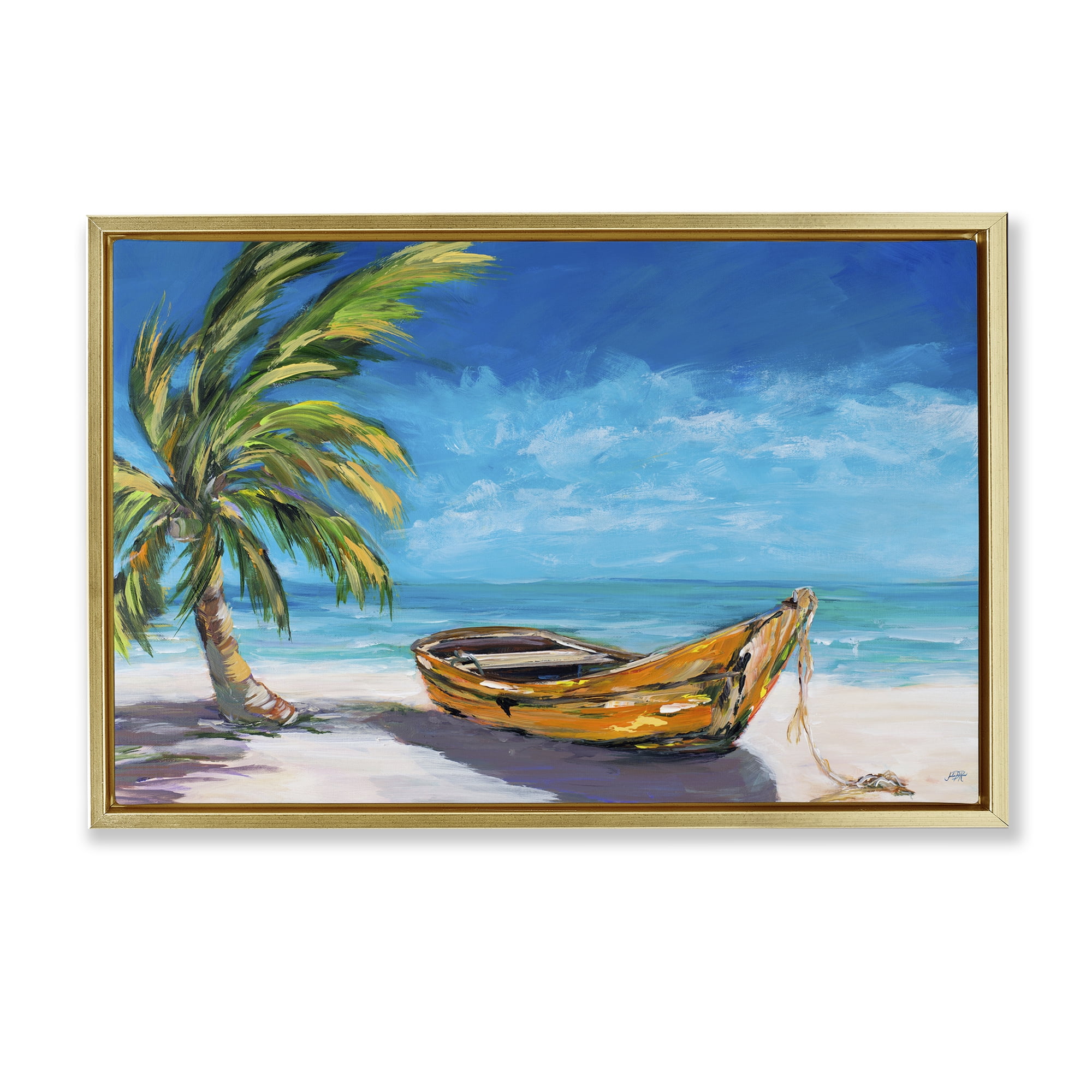 Stupell Industries Lost Island Palm & Boat Gold Framed Floater Canvas Wall Art, design by Julie DeRice