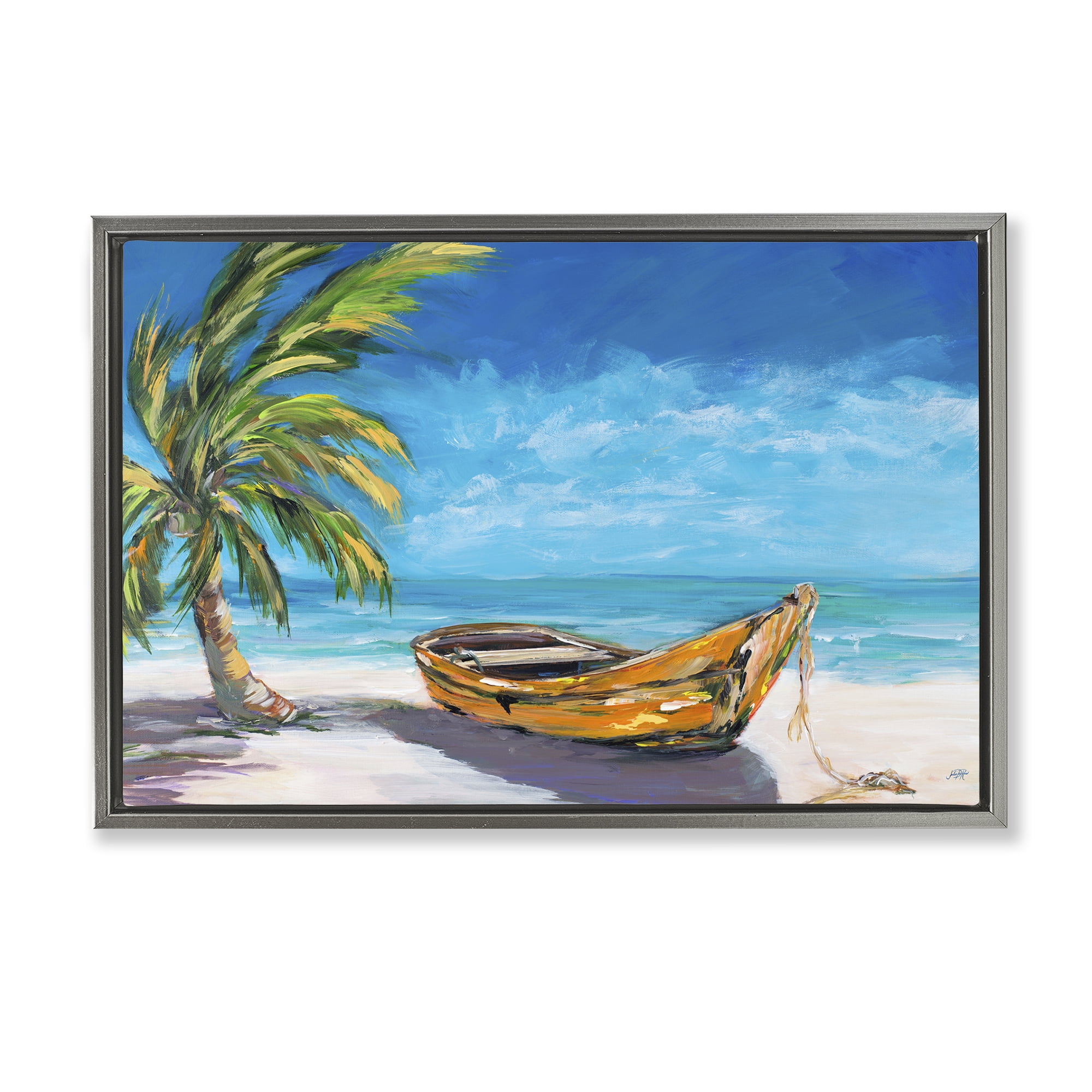 Stupell Industries Lost Island Palm & Boat Gray Framed Floater Canvas Wall Art, design by Julie DeRice