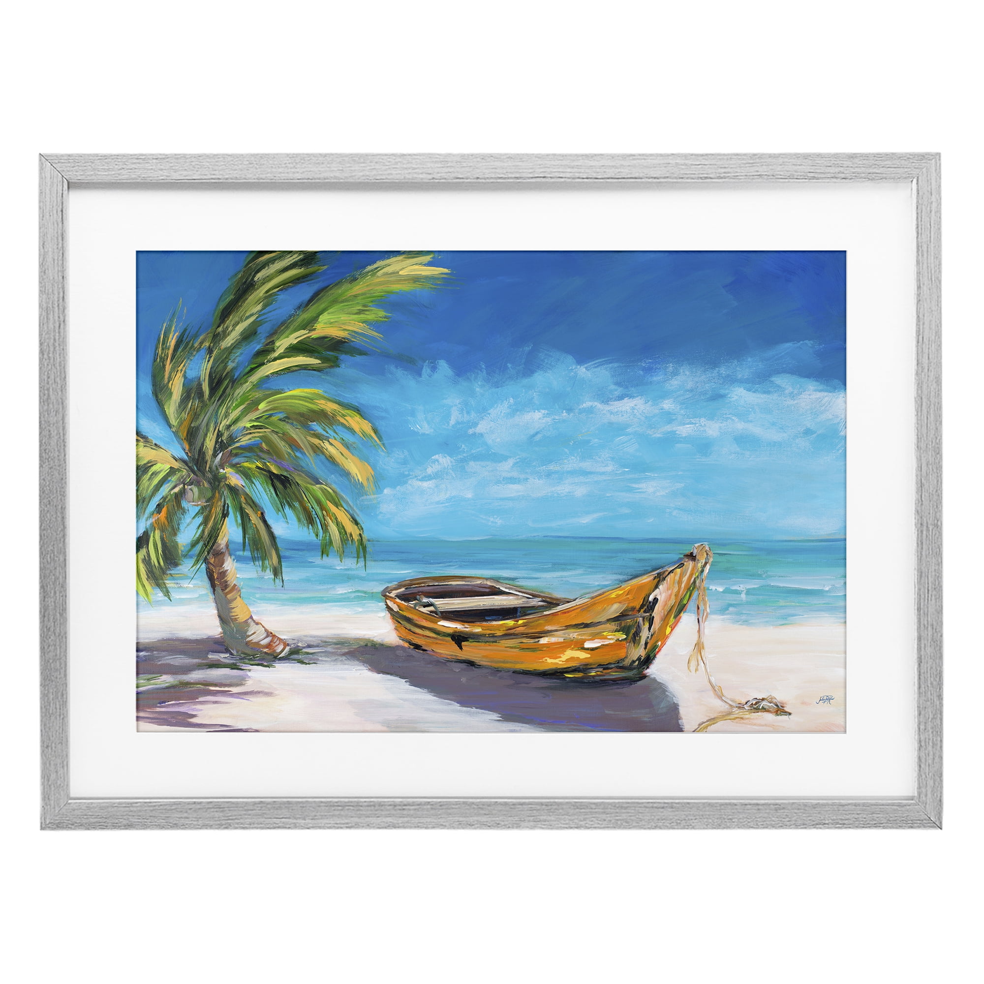 Stupell Industries Lost Island Palm & Boat Gray Framed Print Under Glass, design by Julie DeRice