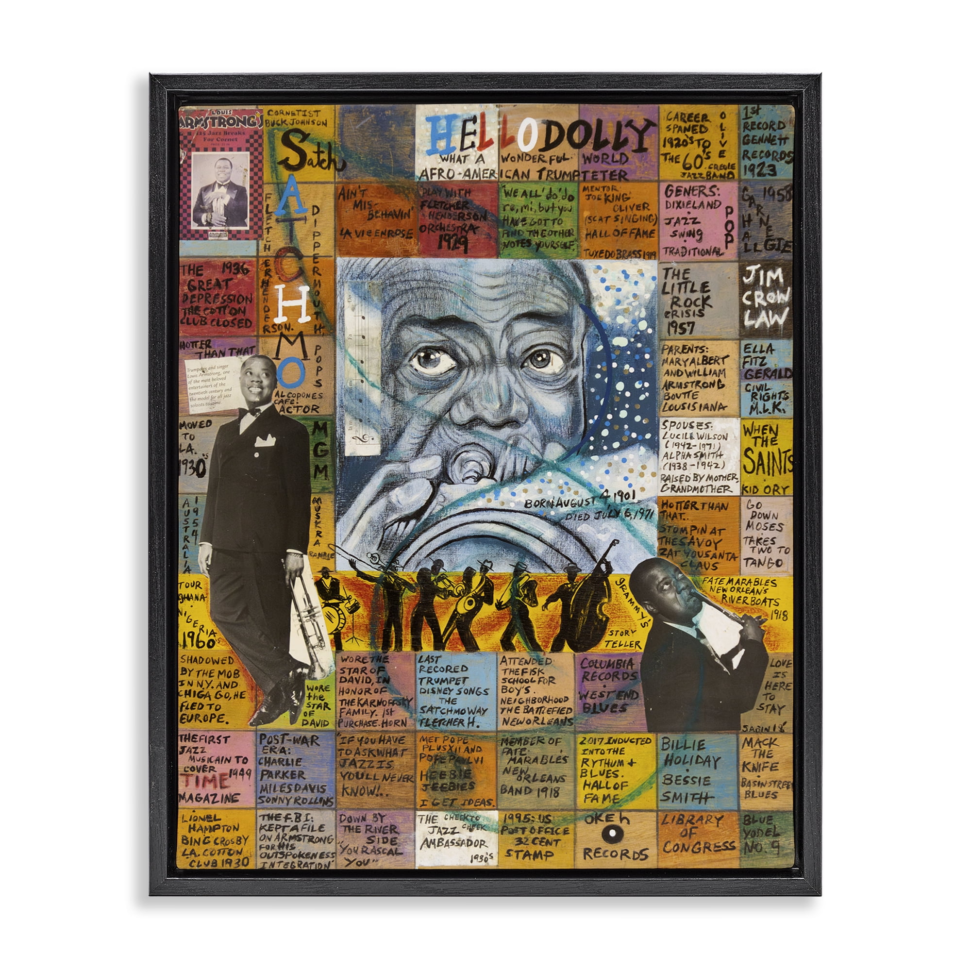 Stupell Industries Louis Armstrong Collage People Drawing Black Floater Framed Canvas Art Print Wall Art, 17 x 21