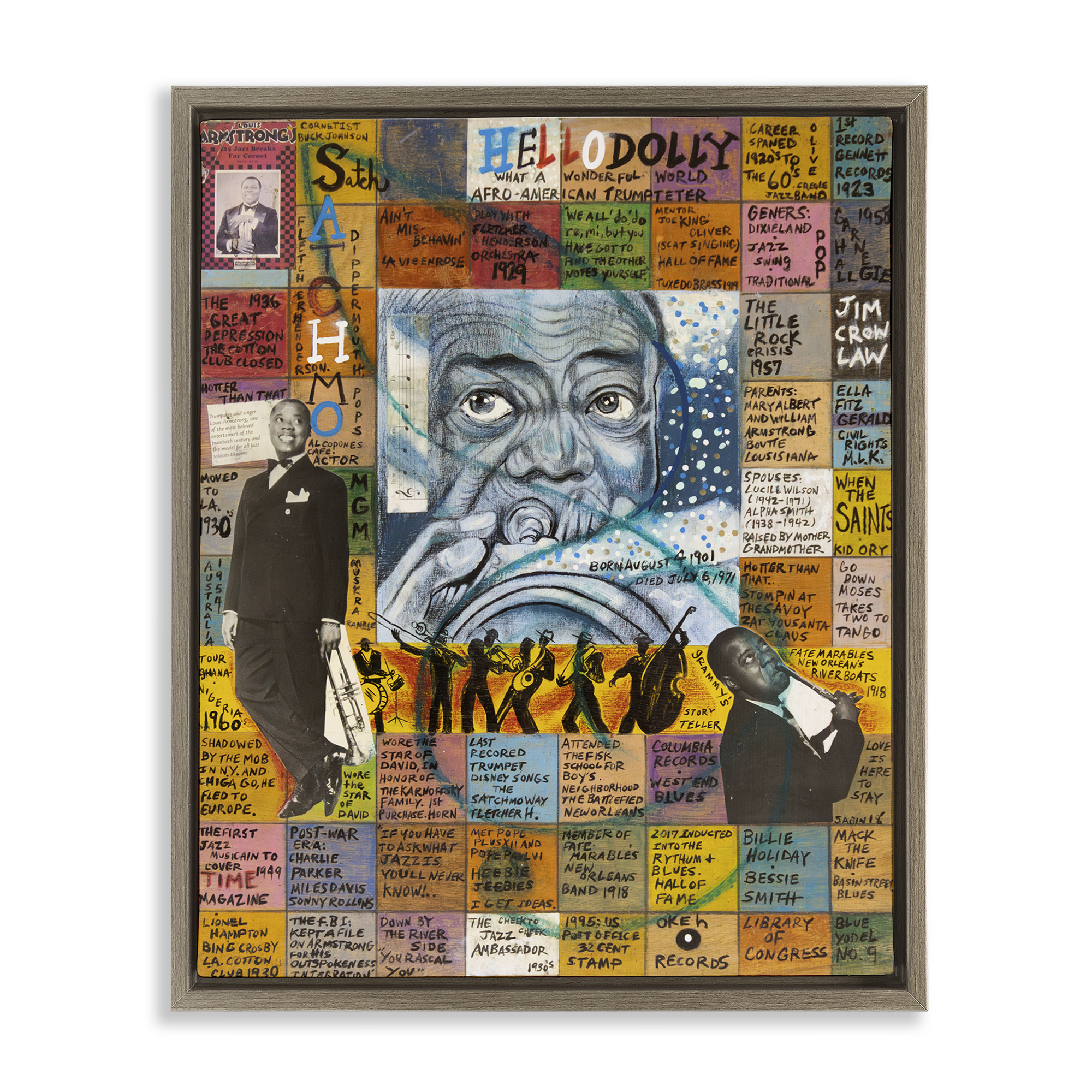 Stupell Industries Louis Armstrong Collage People Drawing Brown Floater Framed Canvas Art Print Wall Art, 25 x 31