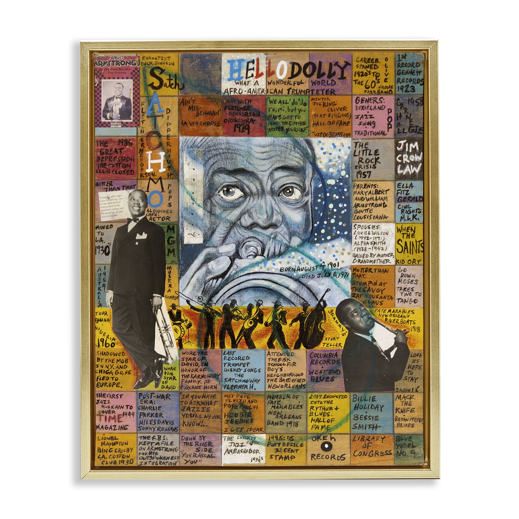 Stupell Industries Louis Armstrong Collage People Drawing Gold Floater Framed Canvas Art Print Wall Art, 17 x 21