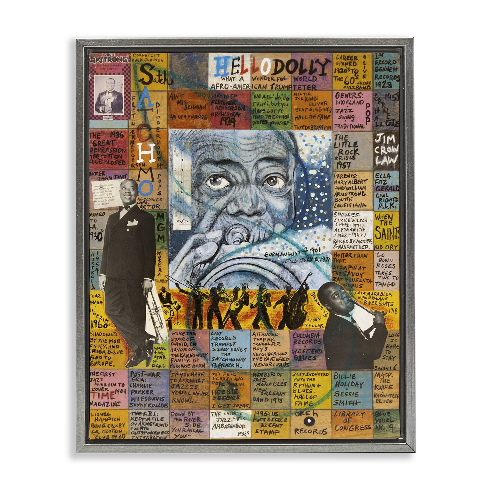 Stupell Industries Louis Armstrong Collage People Drawing Gray Floater Framed Canvas Art Print Wall Art, 25 x 31