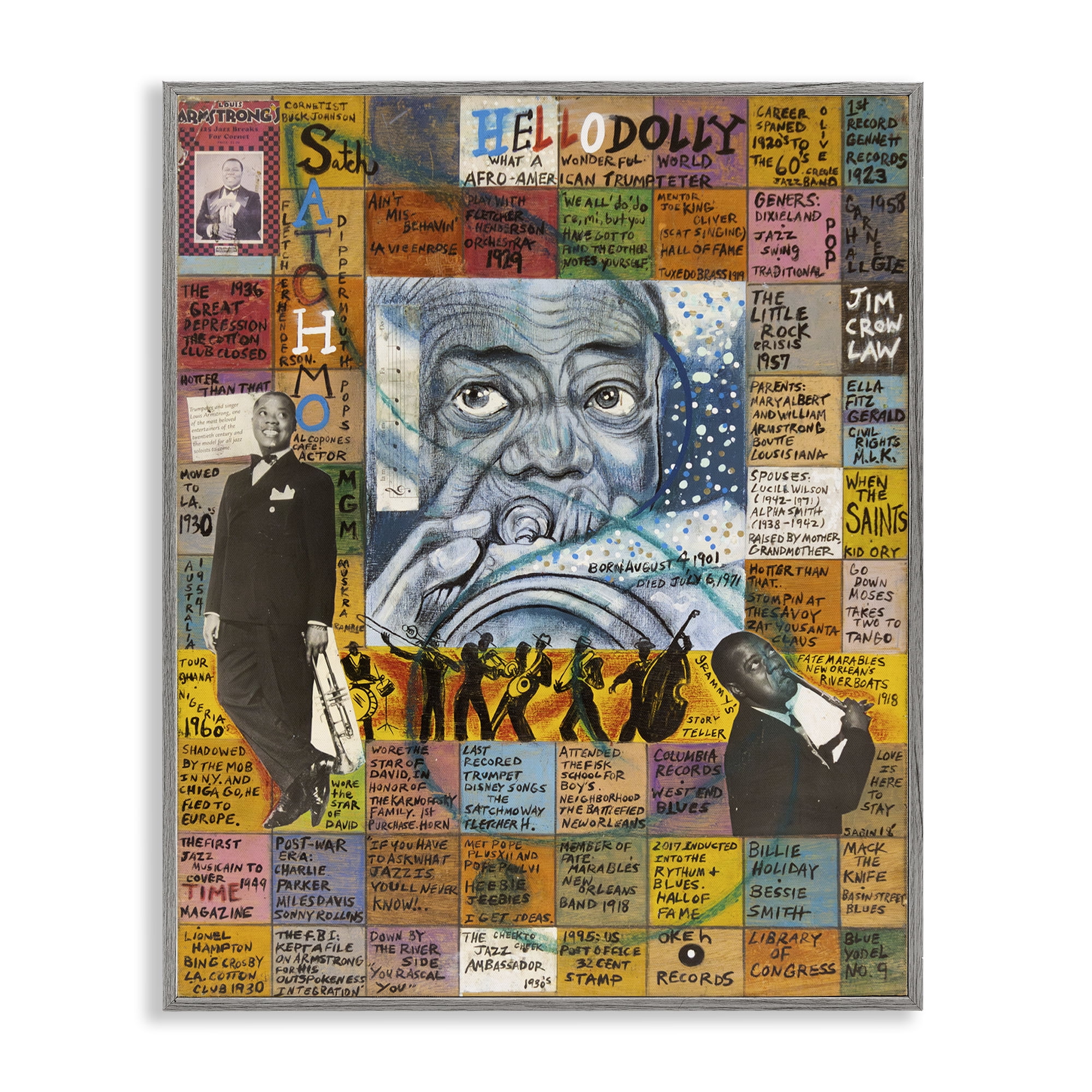 Stupell Industries Louis Armstrong Collage People Drawing Gray Framed Art Print Wall Art, 24 x 30