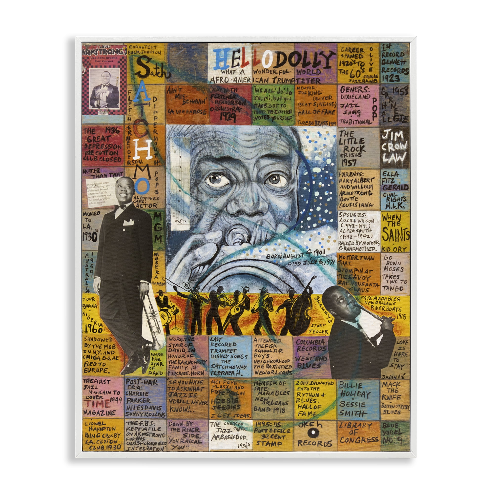 Stupell Industries Louis Armstrong Collage People Drawing White Framed Art Print Wall Art, 16 x 20