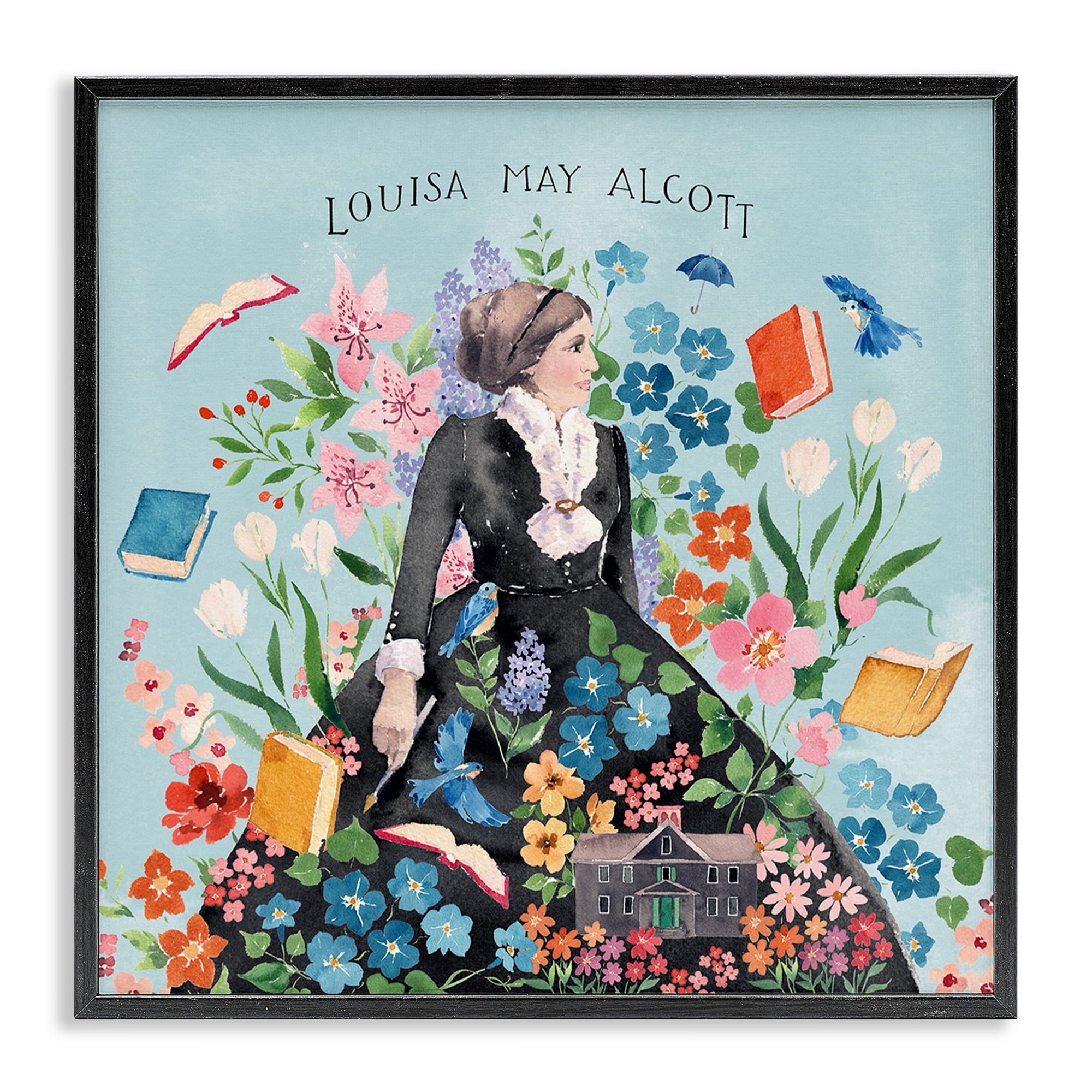 Stupell Industries Louisa May Alcott Portrait History & Language Painting Black Framed Art Print Wall Art, 24 x 24