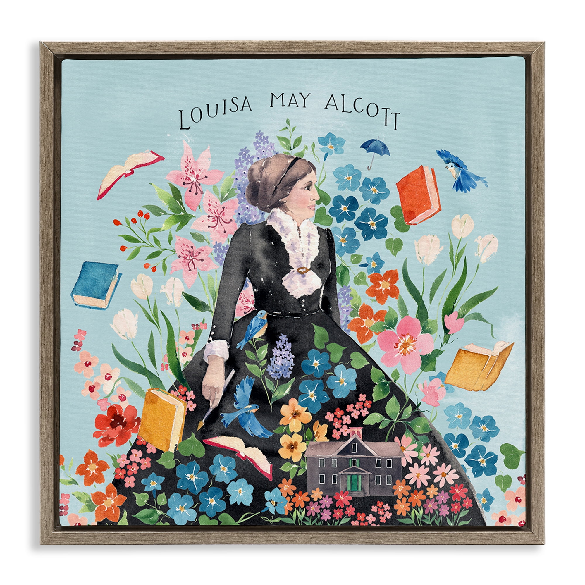 Stupell Industries Louisa May Alcott Portrait History & Language Painting Brown Floater Framed Canvas Art Print Wall Art, 25 x 25