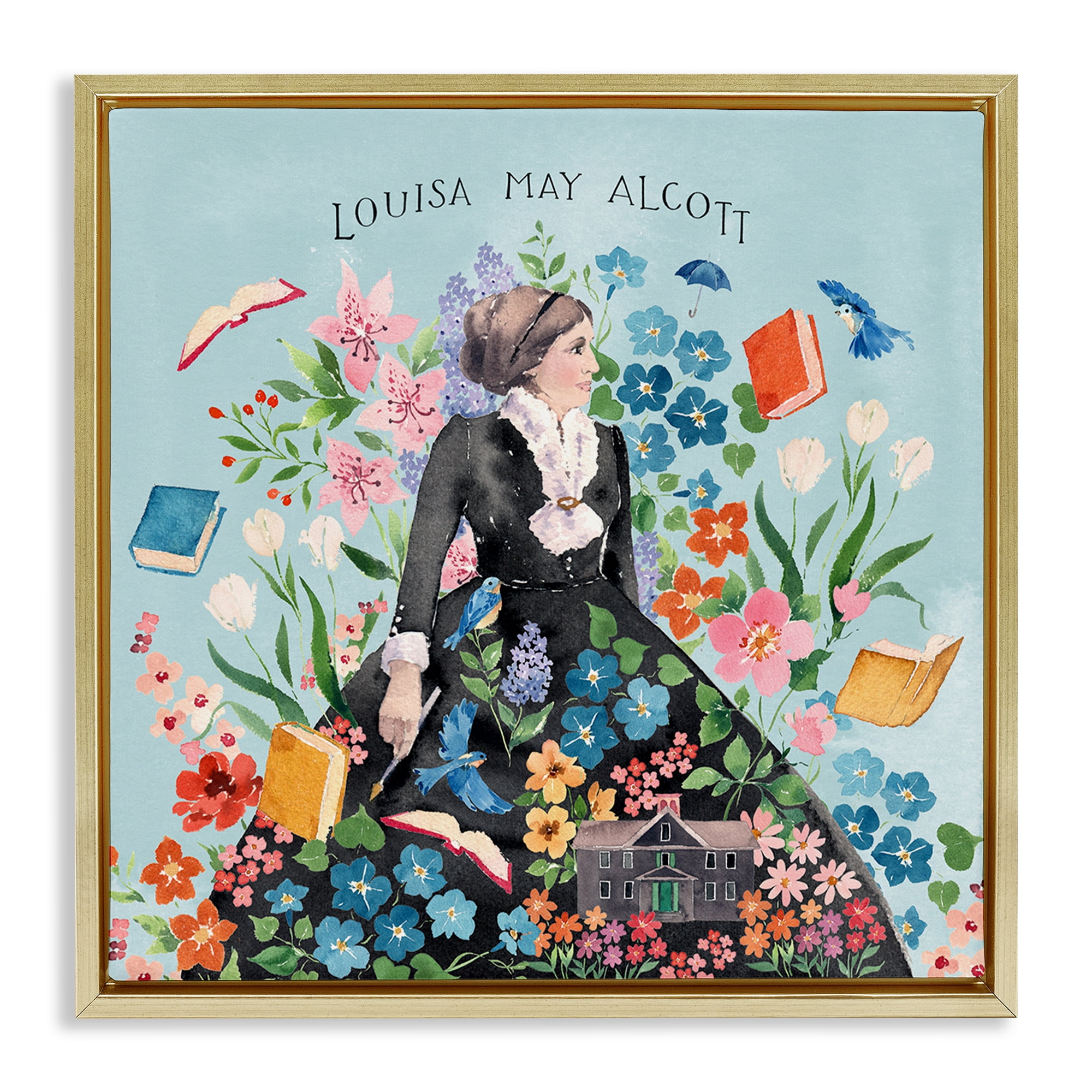 Stupell Industries Louisa May Alcott Portrait History & Language Painting Gold Floater Framed Canvas Art Print Wall Art, 18 x 18