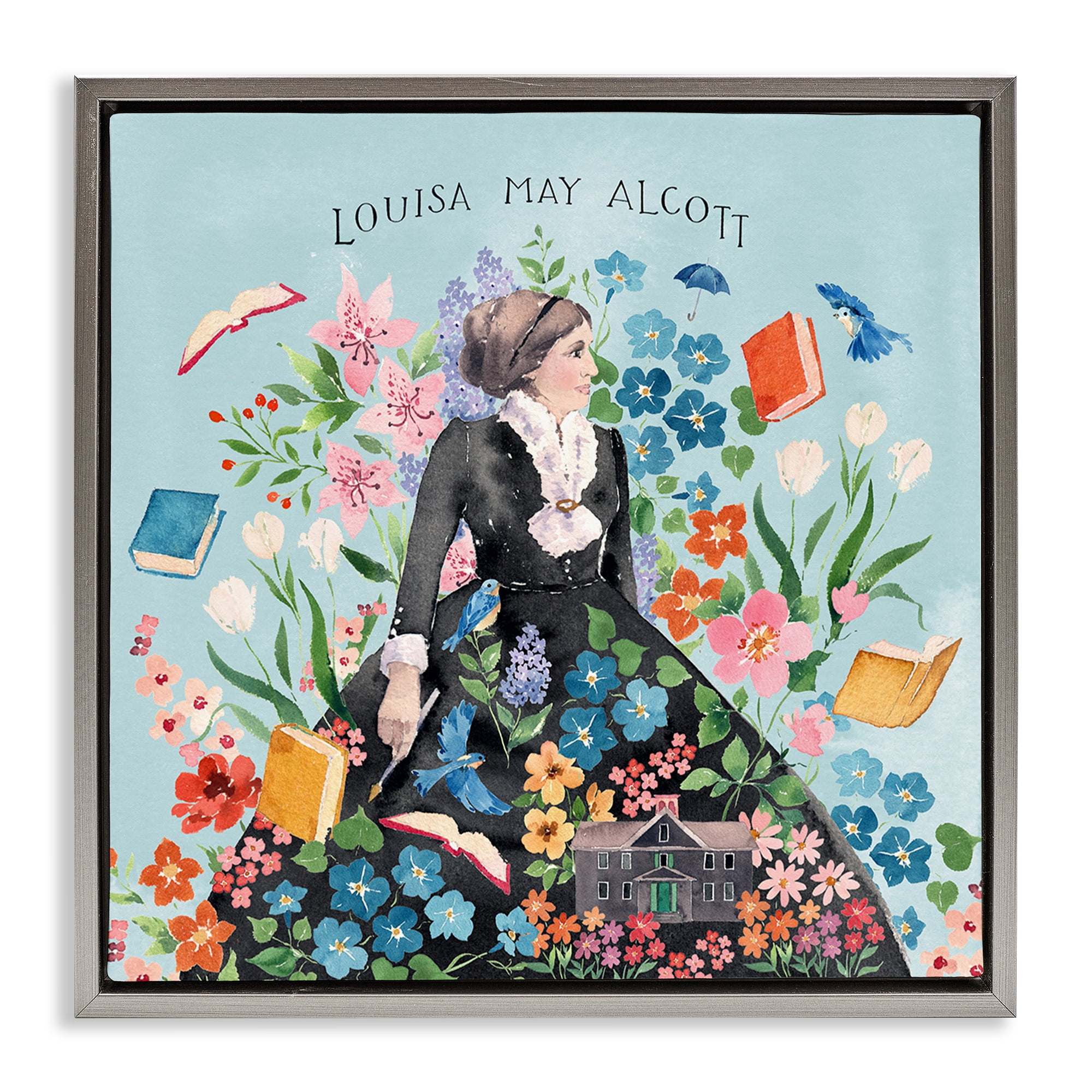 Stupell Industries Louisa May Alcott Portrait History & Language Painting Gray Floater Framed Canvas Art Print Wall Art, 18 x 18