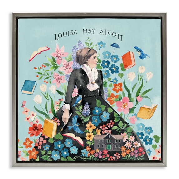 Stupell Industries Louisa May Alcott Portrait History & Language Painting Gray Floater Framed Canvas Art Print Wall Art, 25 x 25
