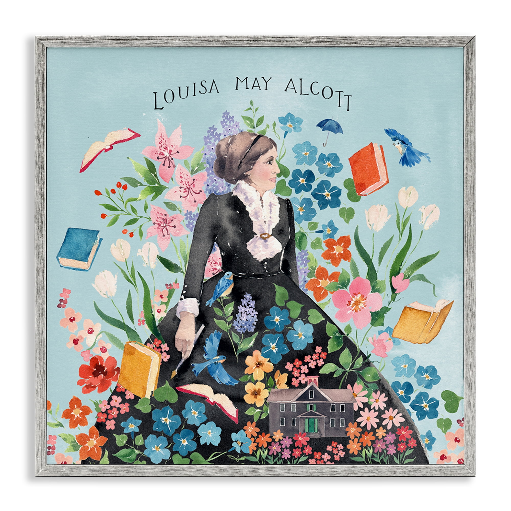 Stupell Industries Louisa May Alcott Portrait History & Language Painting Gray Framed Art Print Wall Art, 24 x 24