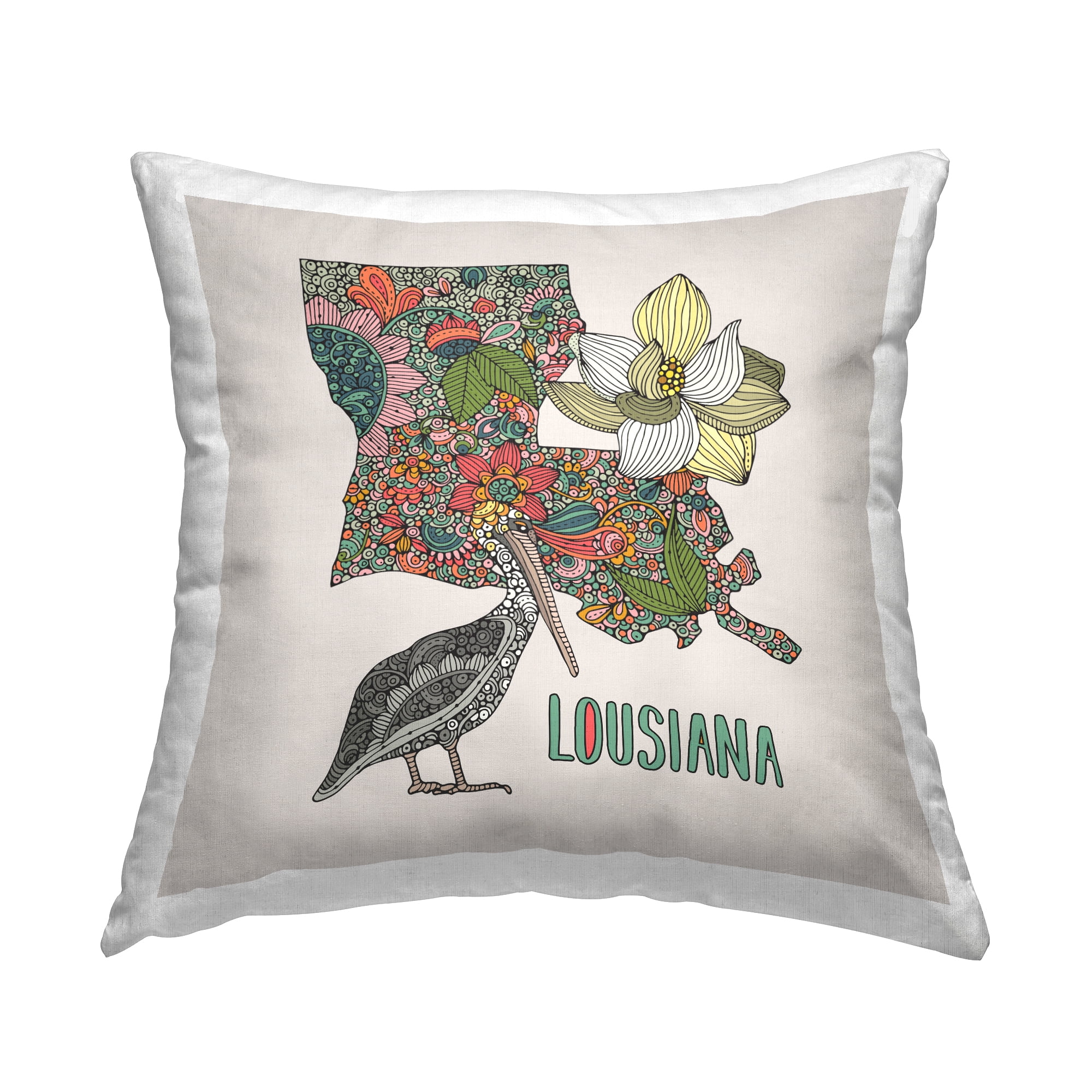 Stupell Industries Louisiana Magnolia Blossom Pelican Square Decorative Printed Throw Pillow, 18 x 18,