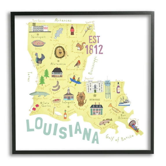 Stupell Industries Louisiana State Landmarks Map Travel & Places Painting Black Framed Art Print Wall Art