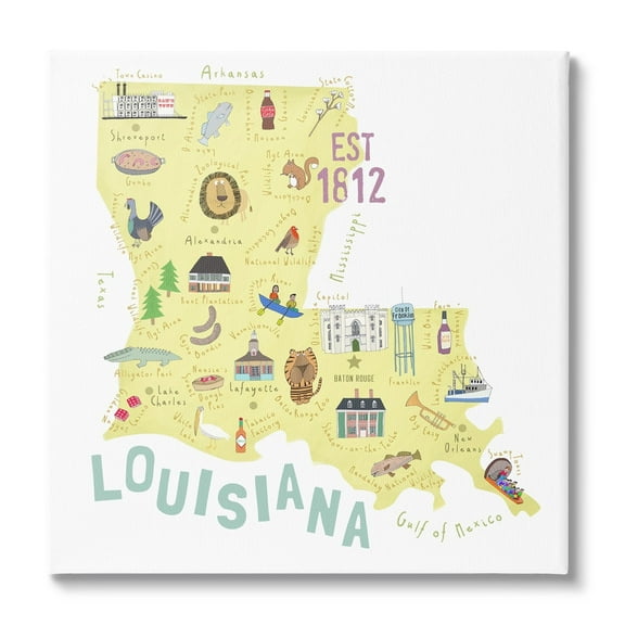Stupell Industries Louisiana State Landmarks Map Travel & Places Painting Gallery Wrapped Canvas Print Wall Art