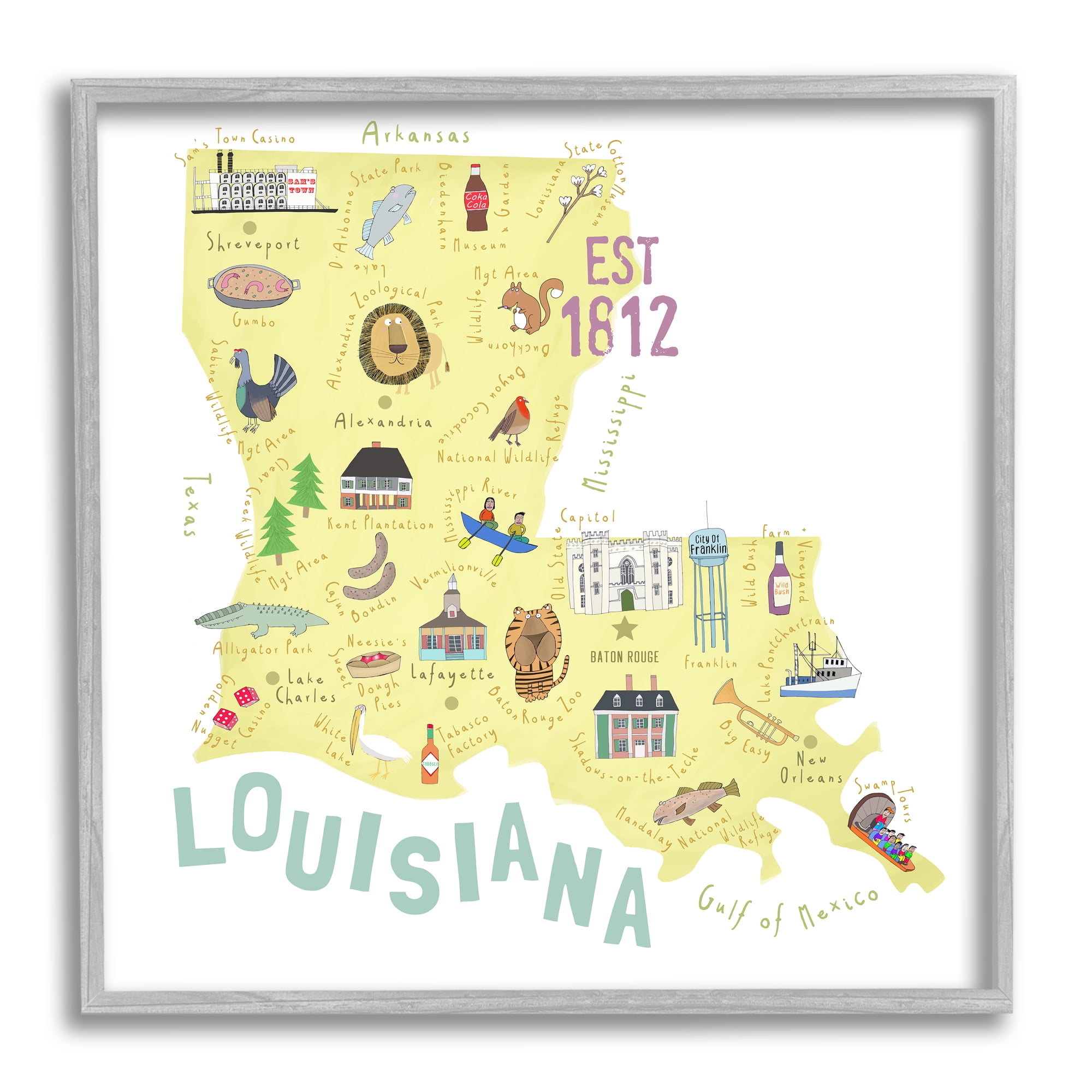 Stupell Industries Louisiana State Landmarks Map Travel & Places Painting Gray Framed Art Print Wall Art