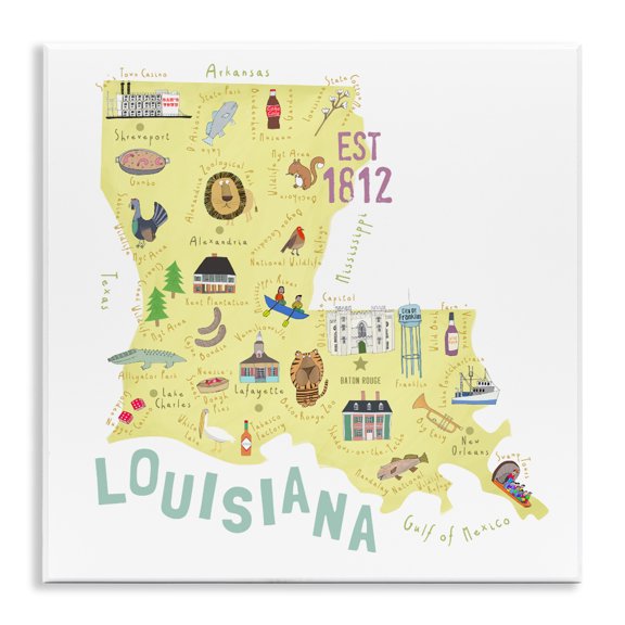 Stupell Industries Contemporary Louisiana State Landmarks Map Wall Plaque Art, 12 x 12, by Carla Daly