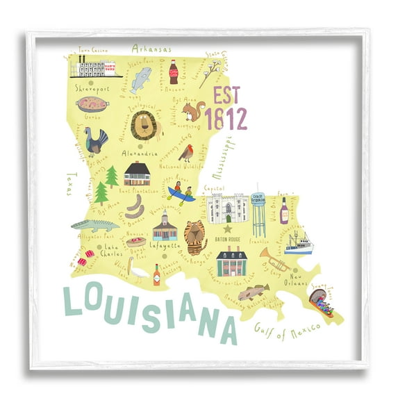 Stupell Industries Louisiana State Landmarks Map Travel & Places Painting White Framed Art Print Wall Art