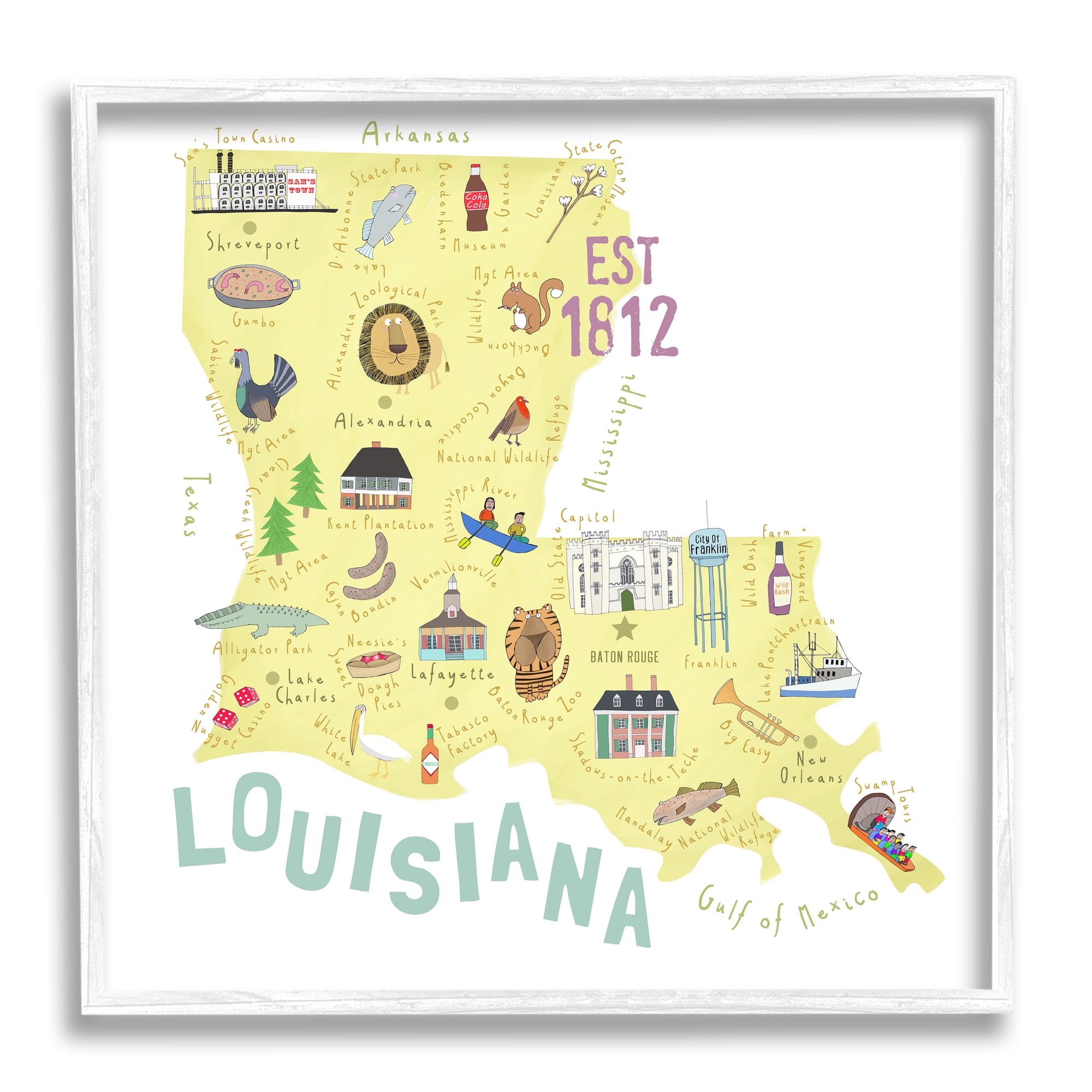 Stupell Industries Louisiana State Landmarks Map Travel & Places Painting White Framed Art Print Wall Art