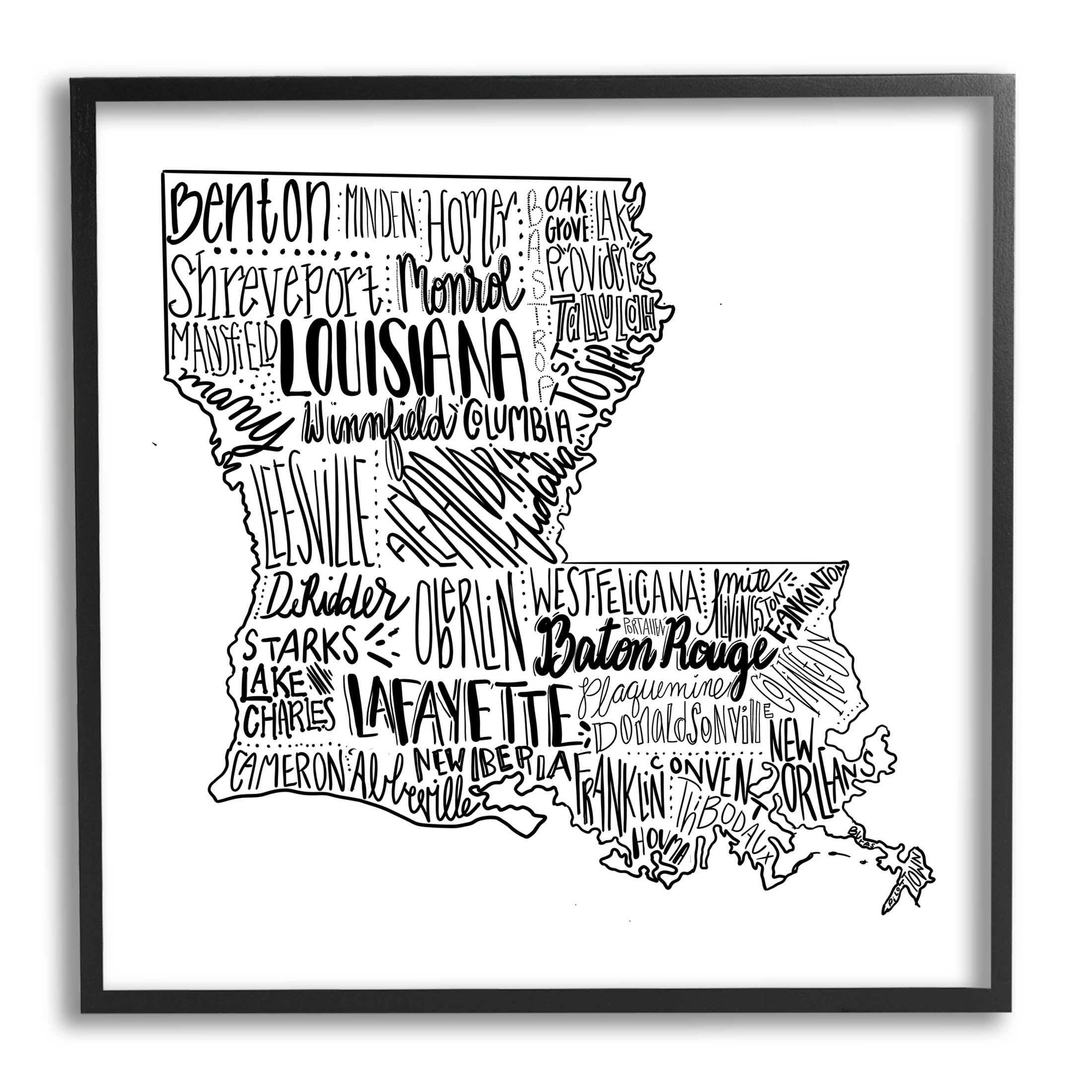 Stupell Industries Louisiana State Map Typography Cities Graphic Art Black Framed Art Print Wall Art, Design by The Saturday Evening Post
