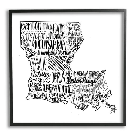 Stupell Industries Louisiana State Map Typography Cities Graphic Art Black Framed Art Print Wall Art, Design by The Saturday Evening Post