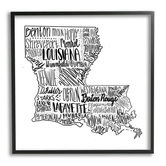 Stupell Industries Louisiana State Map Typography Cities Graphic Art Black Framed Art Print Wall Art, Design by The Saturday Evening Post