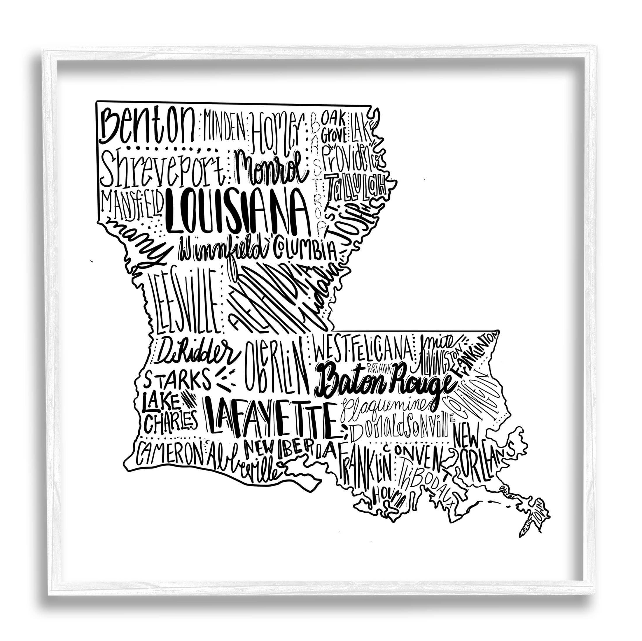 Stupell Industries Louisiana State Map Typography Cities Graphic Art White  Framed Art Print Wall Art, Design by The Saturday Evening Post 