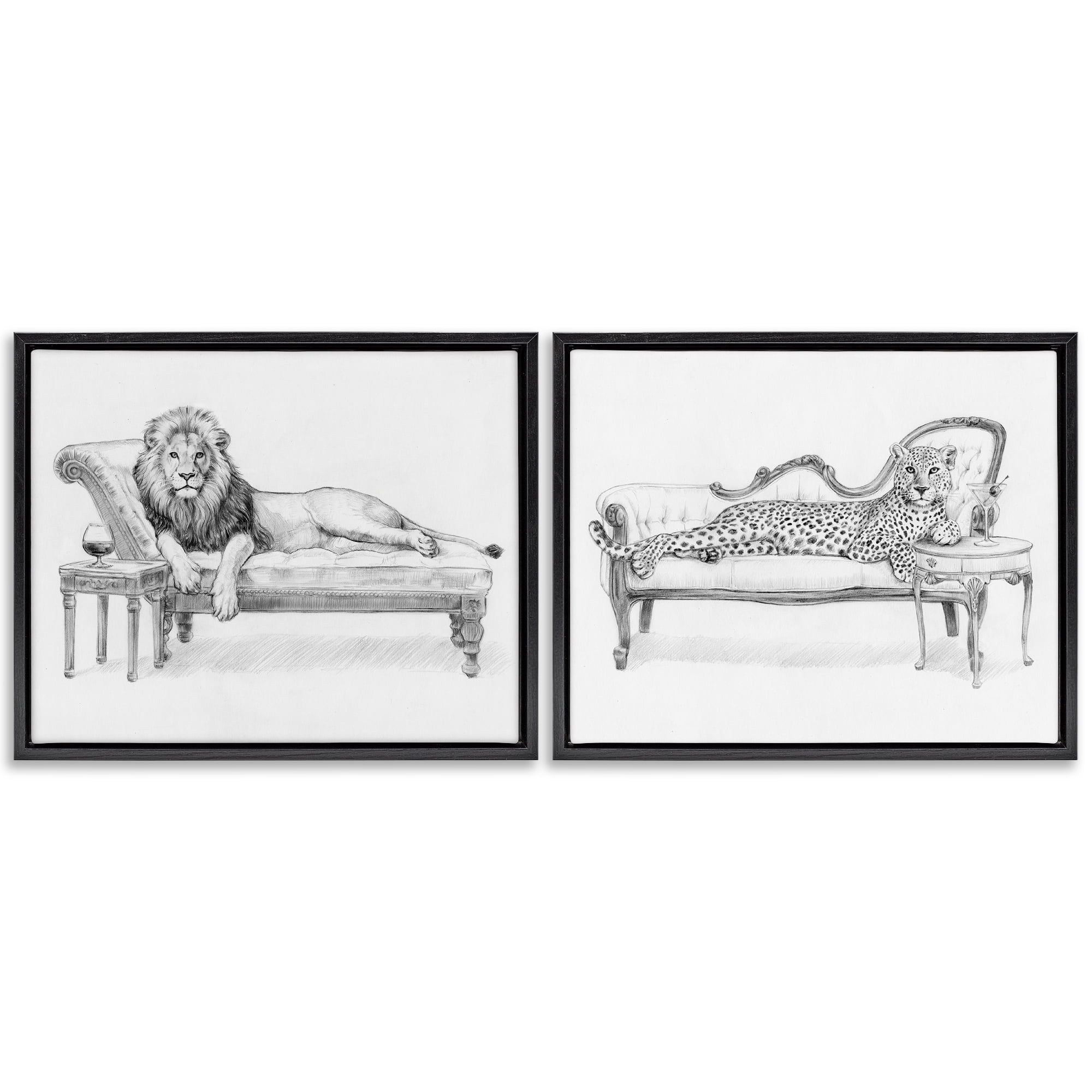 Stupell Industries Lounging Beasts Wildlife 2 Piece Black Framed Floater Canvas Set, design by Victoria Barnes