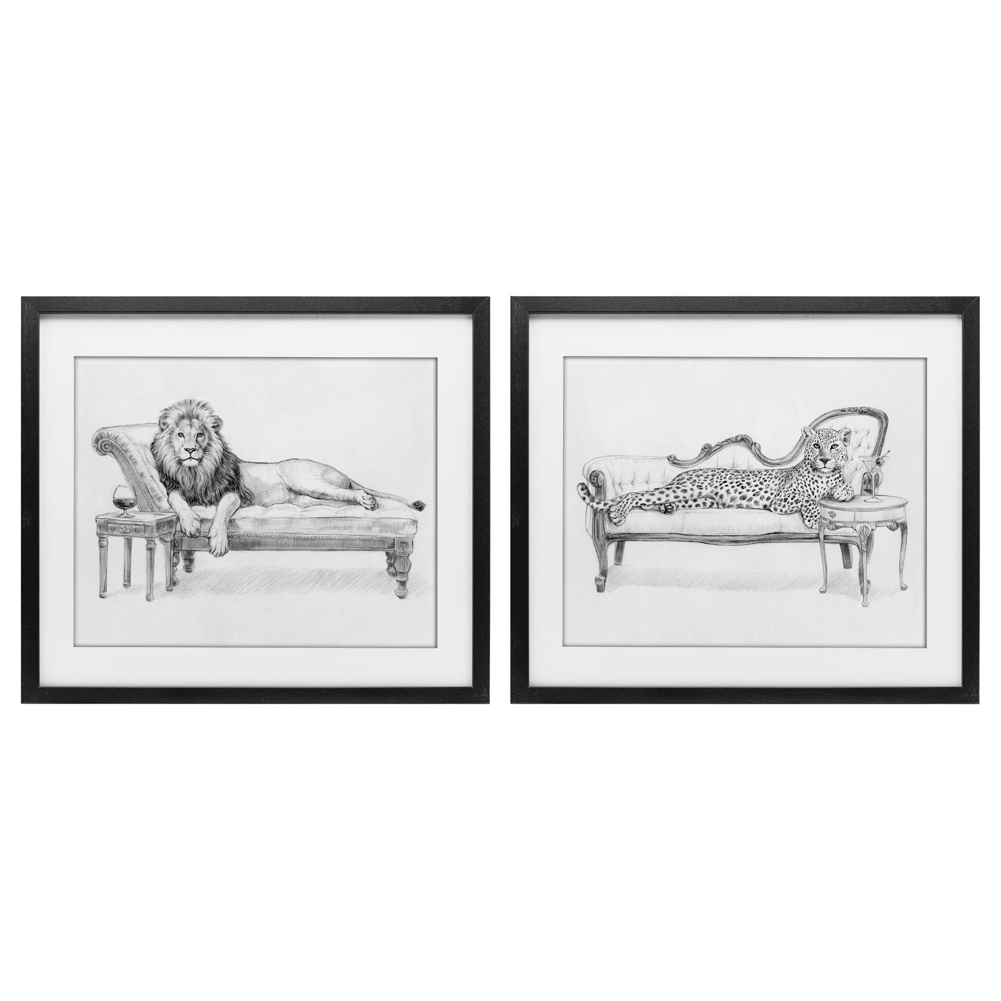 Stupell Industries Lounging Beasts Wildlife 2 Piece Black Framed Print Under Glass Set, design by Victoria Barnes