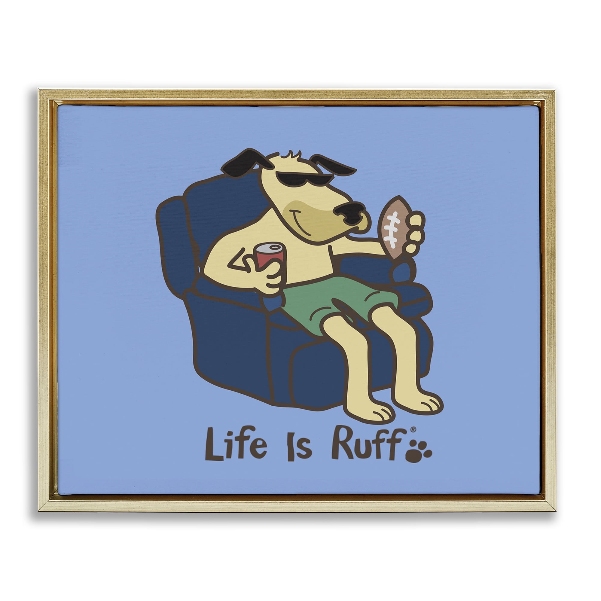 Stupell Industries Lounging Dog with Football Animals Painting Gold Floater Framed Canvas Art Print Wall Art, 21 x 17