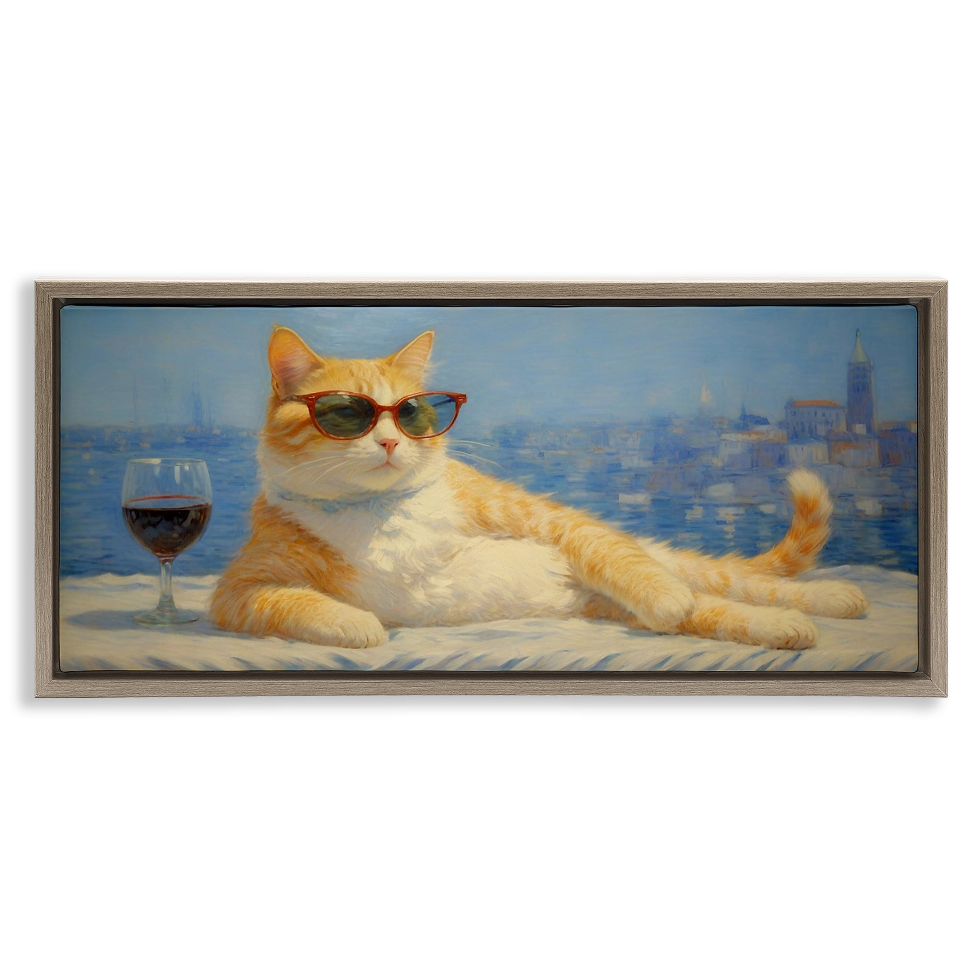 Stupell Industries Lounging Feline with Wine Glass Brown Framed Floater Canvas Wall Art, design by Angie Hawke