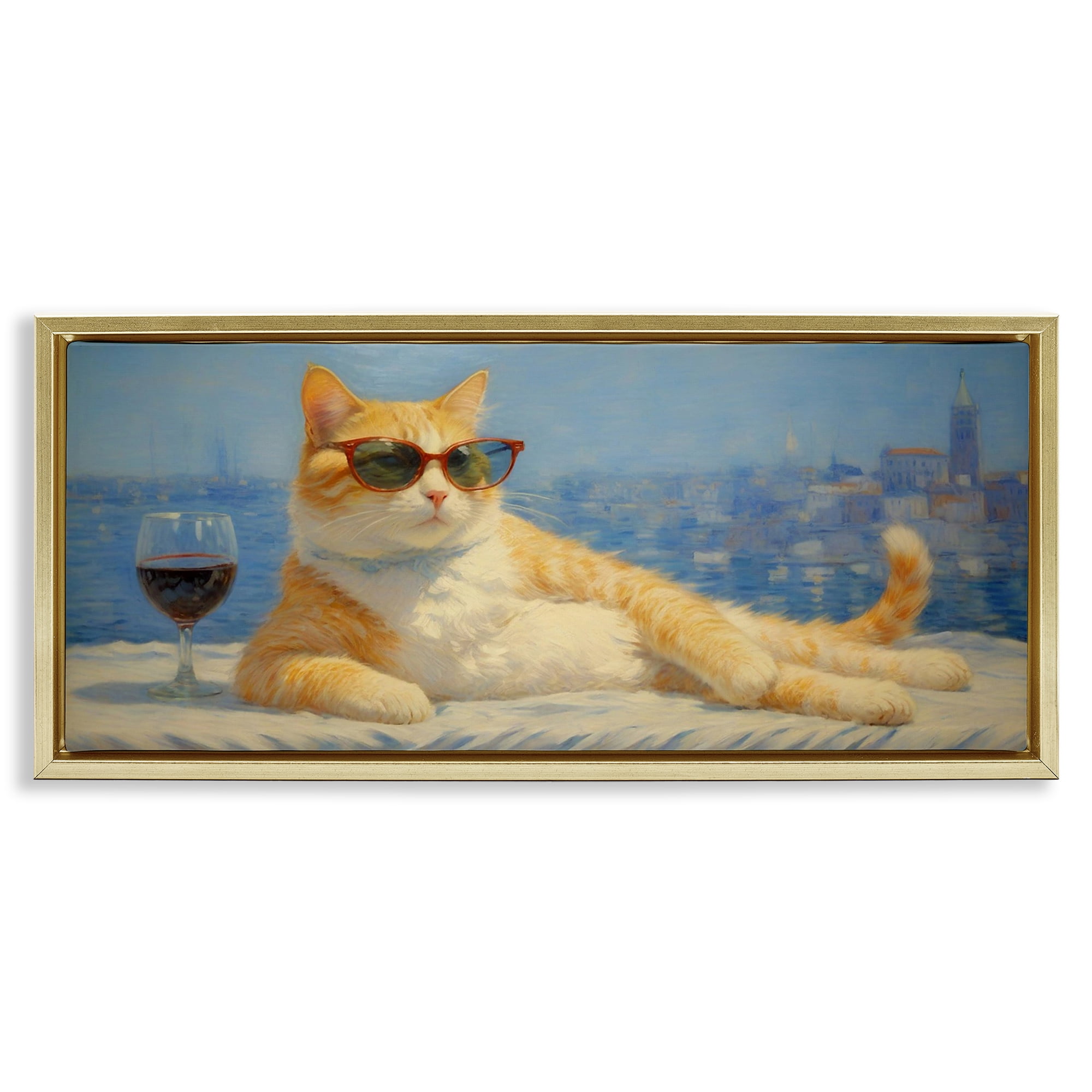 Stupell Industries Lounging Feline with Wine Glass Gold Framed Floater Canvas Wall Art, design by Angie Hawke
