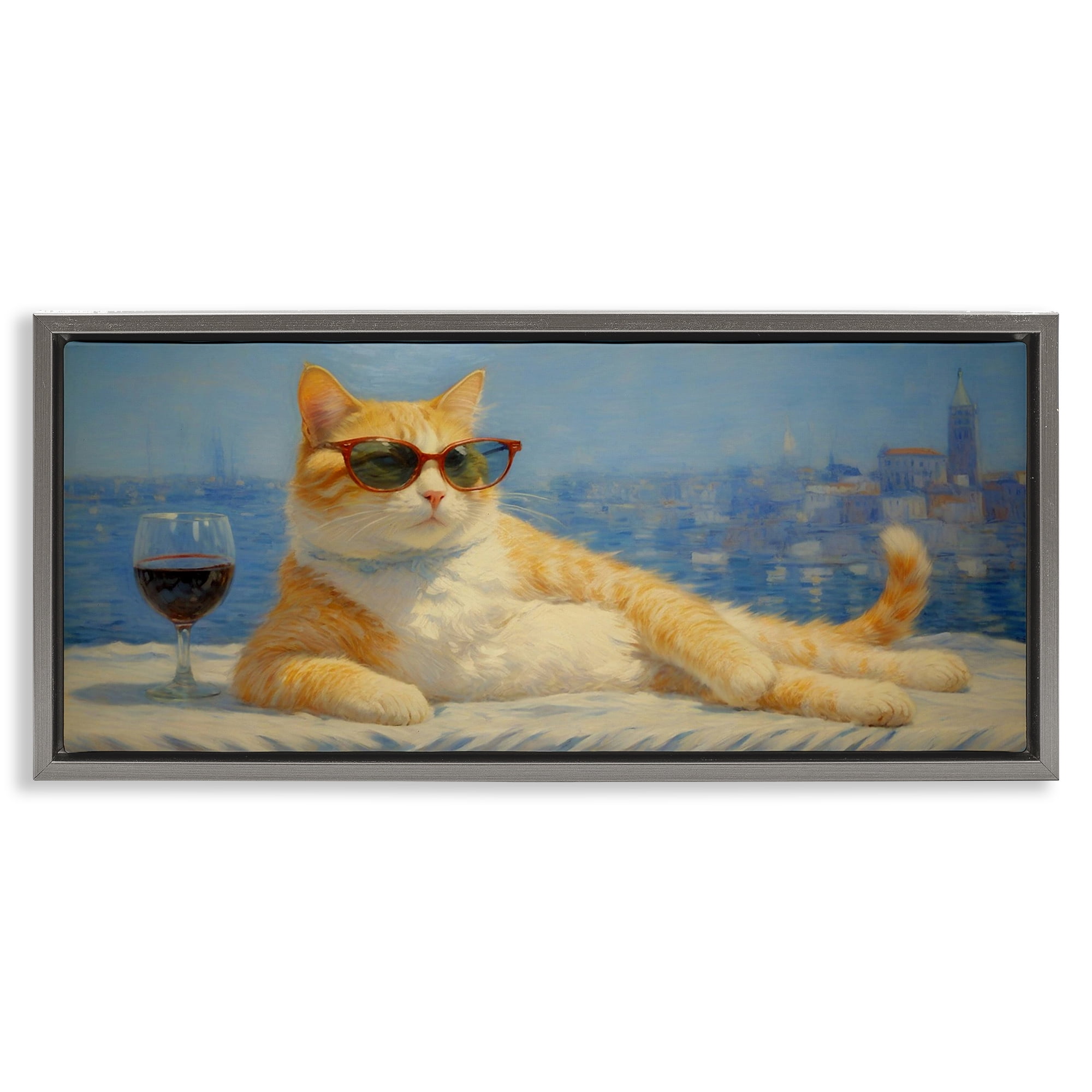 Stupell Industries Lounging Feline with Wine Glass Gray Framed Floater Canvas Wall Art, design by Angie Hawke