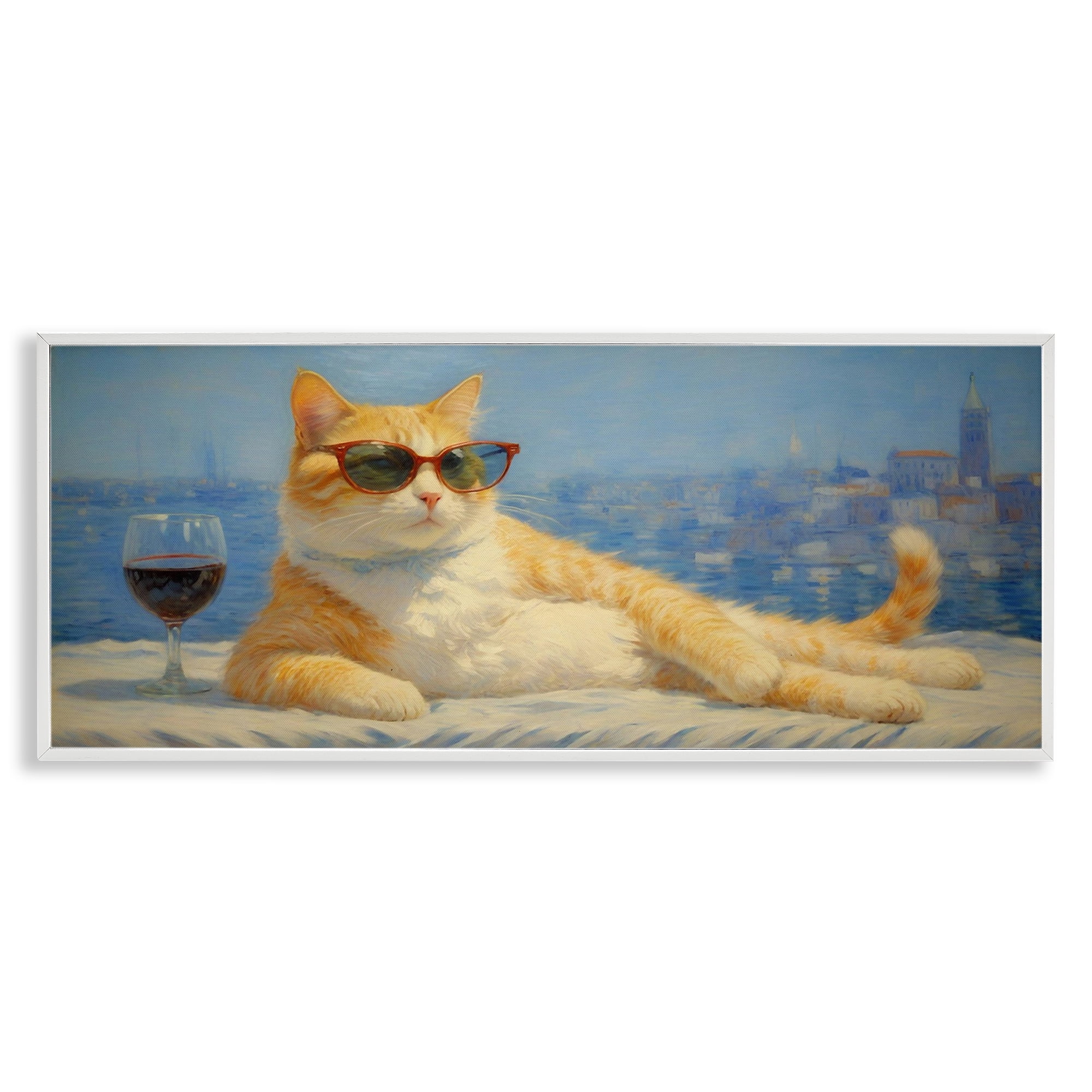 Stupell Industries Lounging Feline with Wine Glass White Framed Giclee Art, design by Angie Hawke