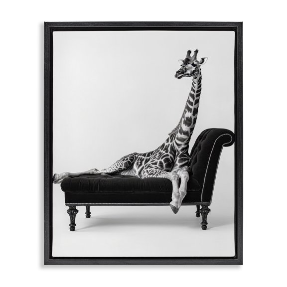 Stupell Industries Lounging Giraffe on Chaise Animals Painting Black Floater Framed Canvas Art Print Wall Art, 25 x 31