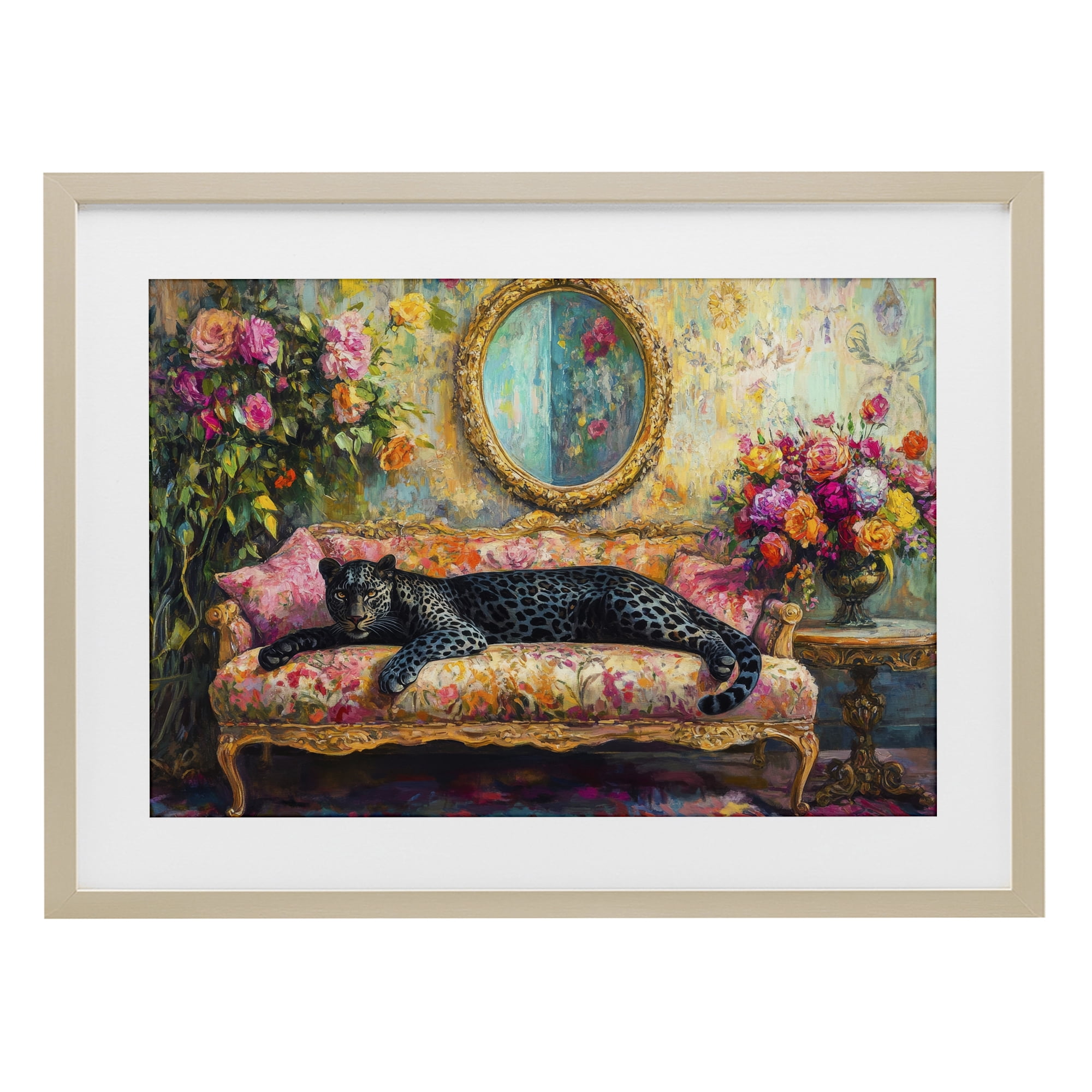 Stupell Industries Lounging Leopard on Floral Sofa Birch Framed Print Under Glass, design by Petal Prints Design