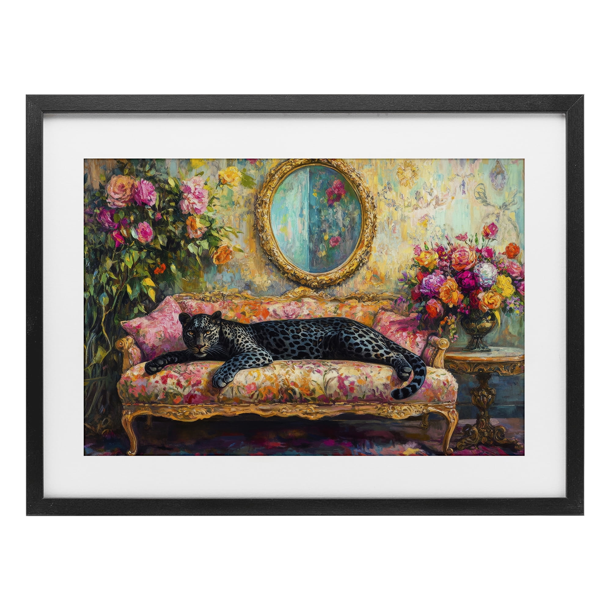 Stupell Industries Lounging Leopard on Floral Sofa Black Framed Print Under Glass, design by Petal Prints Design
