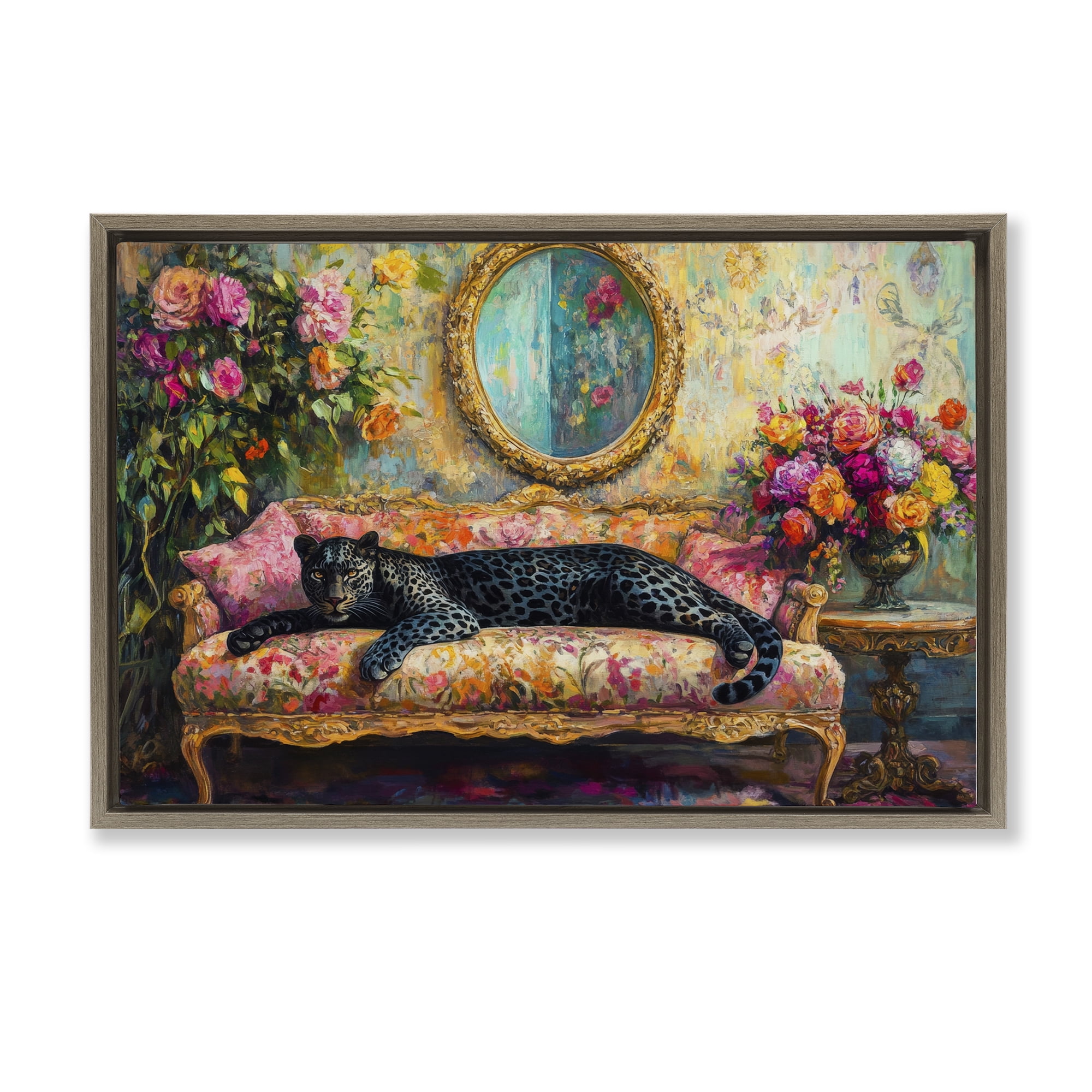 Stupell Industries Lounging Leopard on Floral Sofa Brown Framed Floater Canvas Wall Art, design by Petal Prints Design