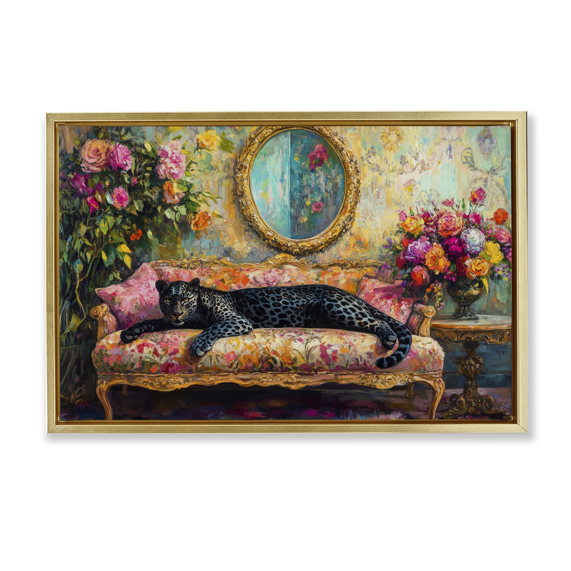 Stupell Industries Lounging Leopard on Floral Sofa Gold Framed Floater Canvas Wall Art, design by Petal Prints Design