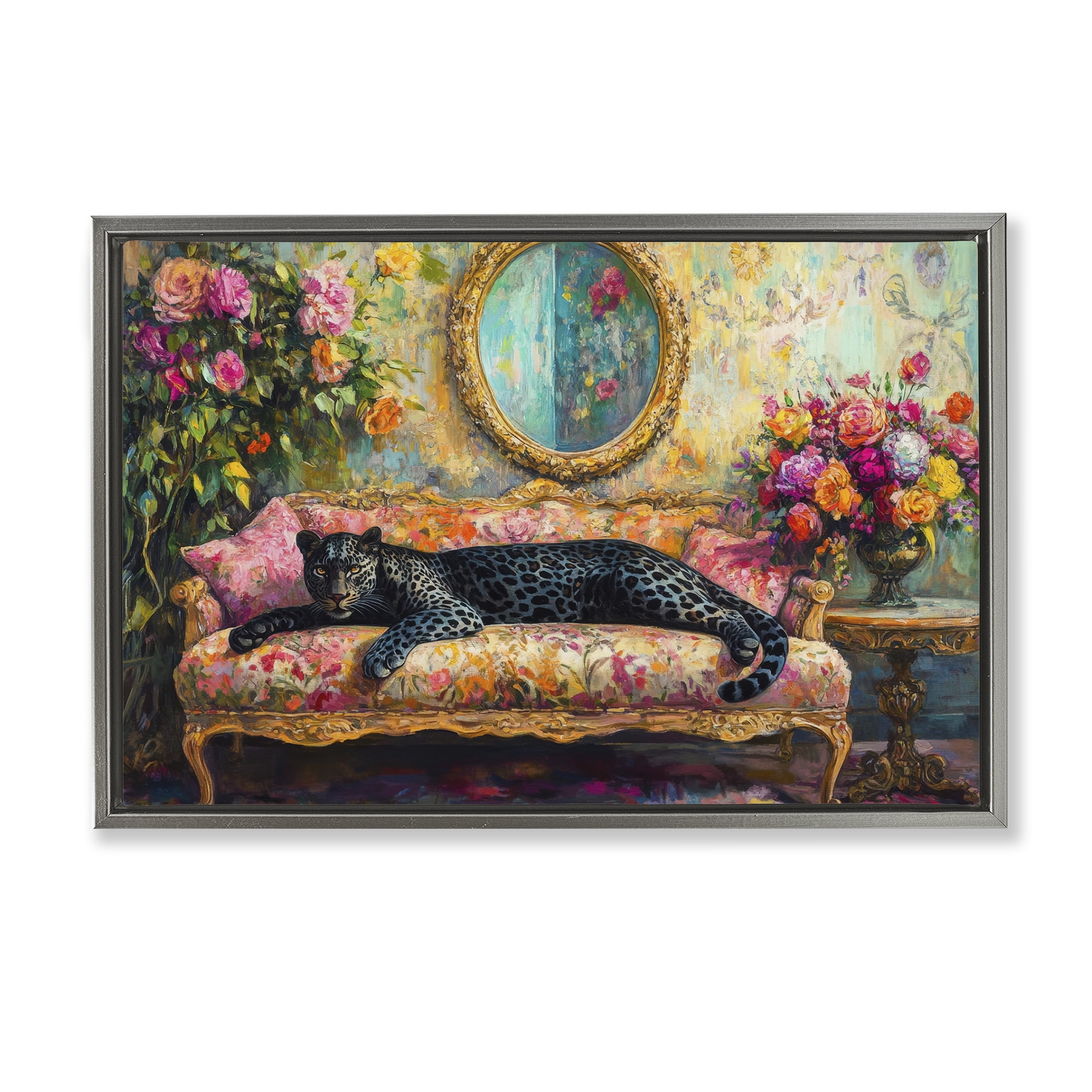 Stupell Industries Lounging Leopard on Floral Sofa Gray Framed Floater Canvas Wall Art, design by Petal Prints Design