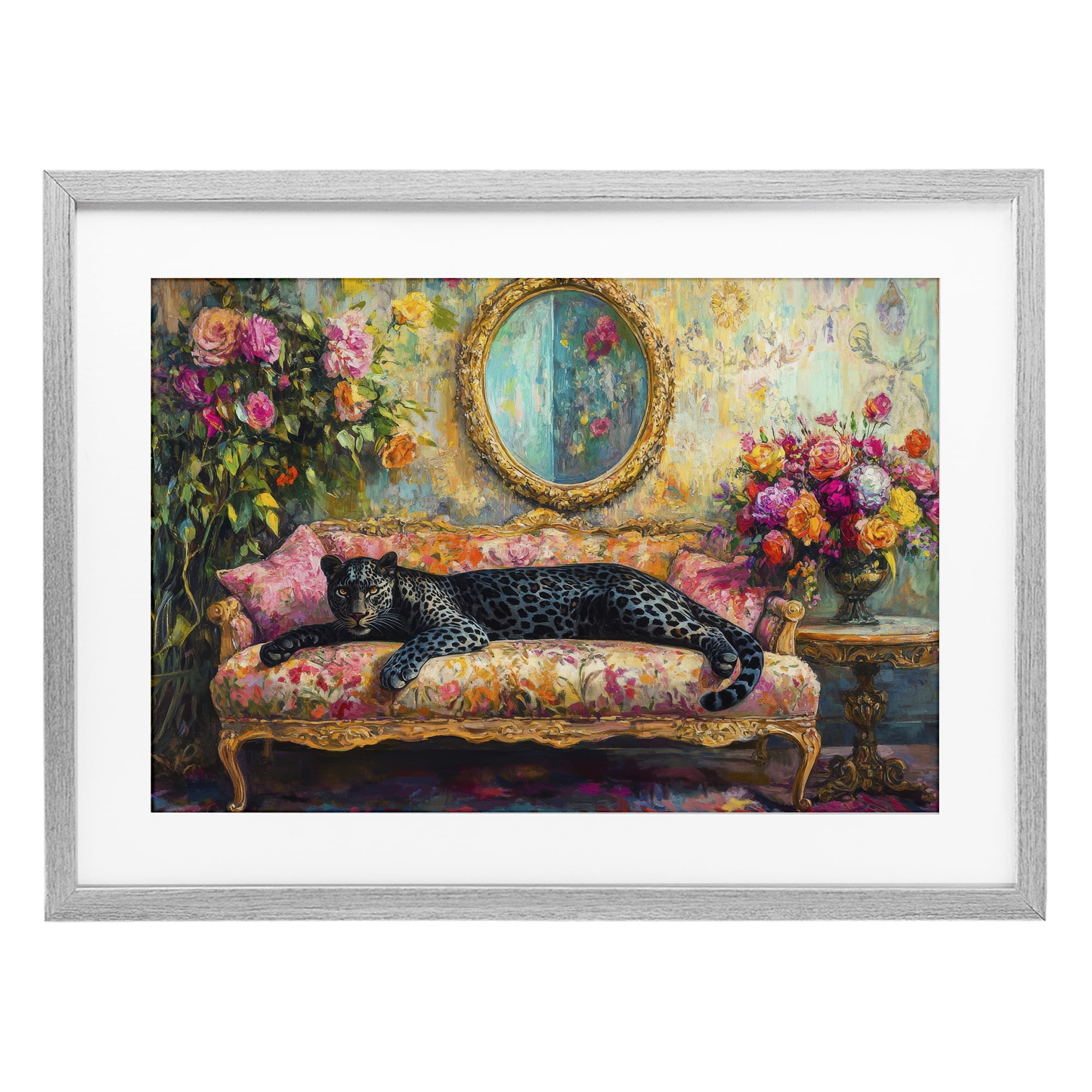 Stupell Industries Lounging Leopard on Floral Sofa Gray Framed Print Under Glass, design by Petal Prints Design
