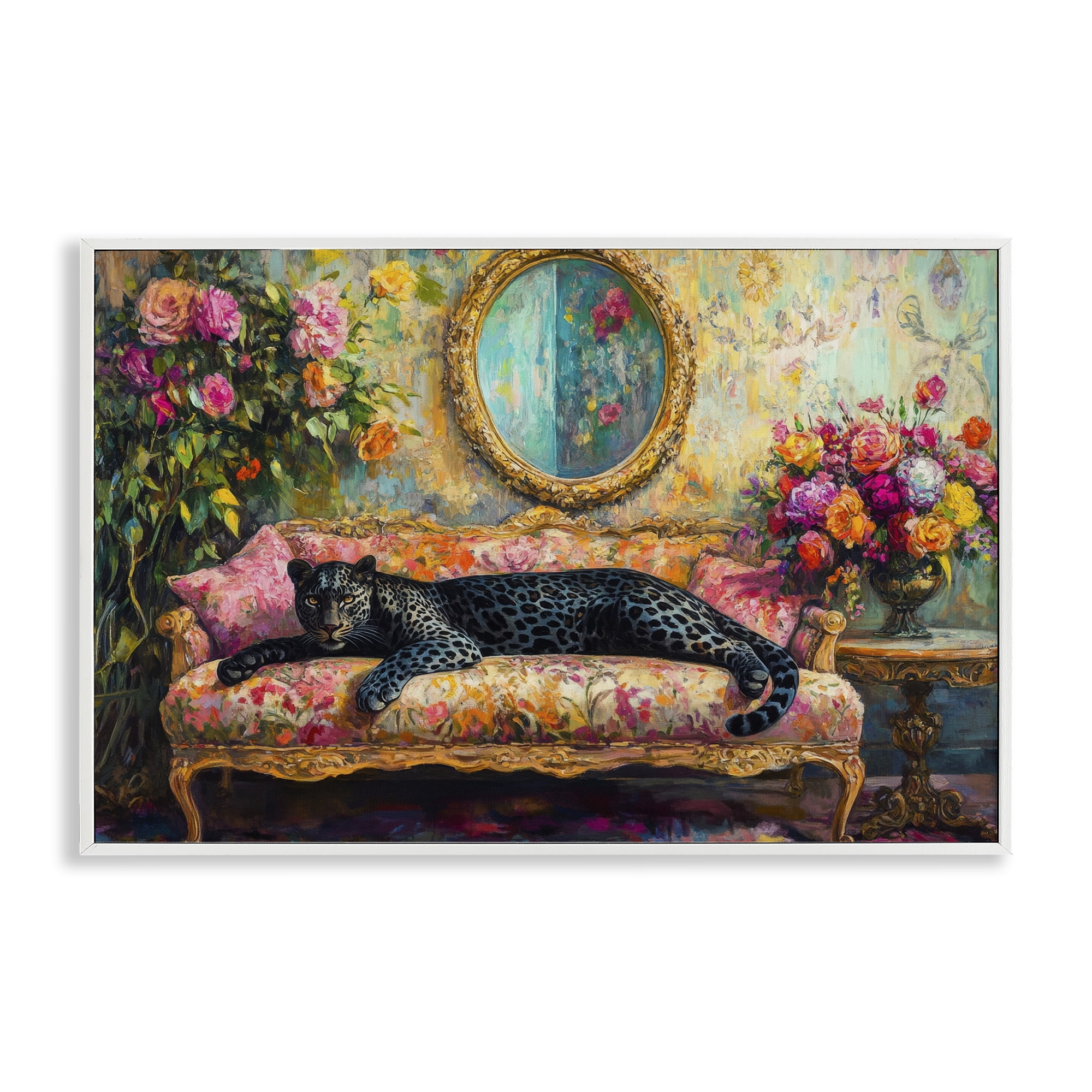 Stupell Industries Lounging Leopard on Floral Sofa White Framed Giclee Art, design by Petal Prints Design