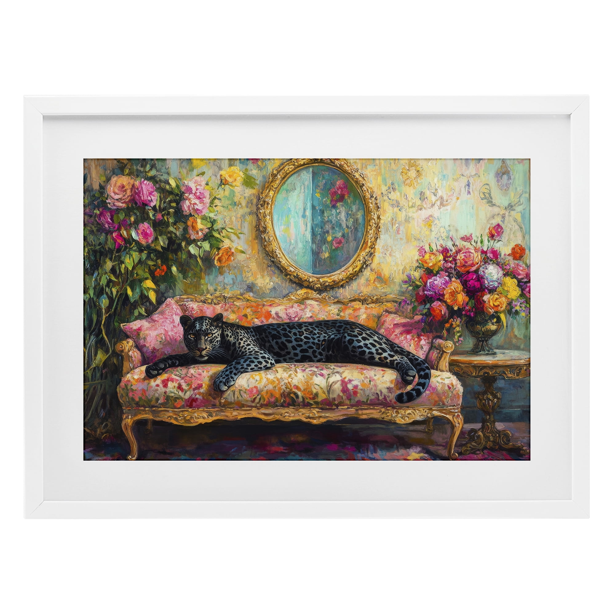 Stupell Industries Lounging Leopard on Floral Sofa White Framed Print Under Glass, design by Petal Prints Design
