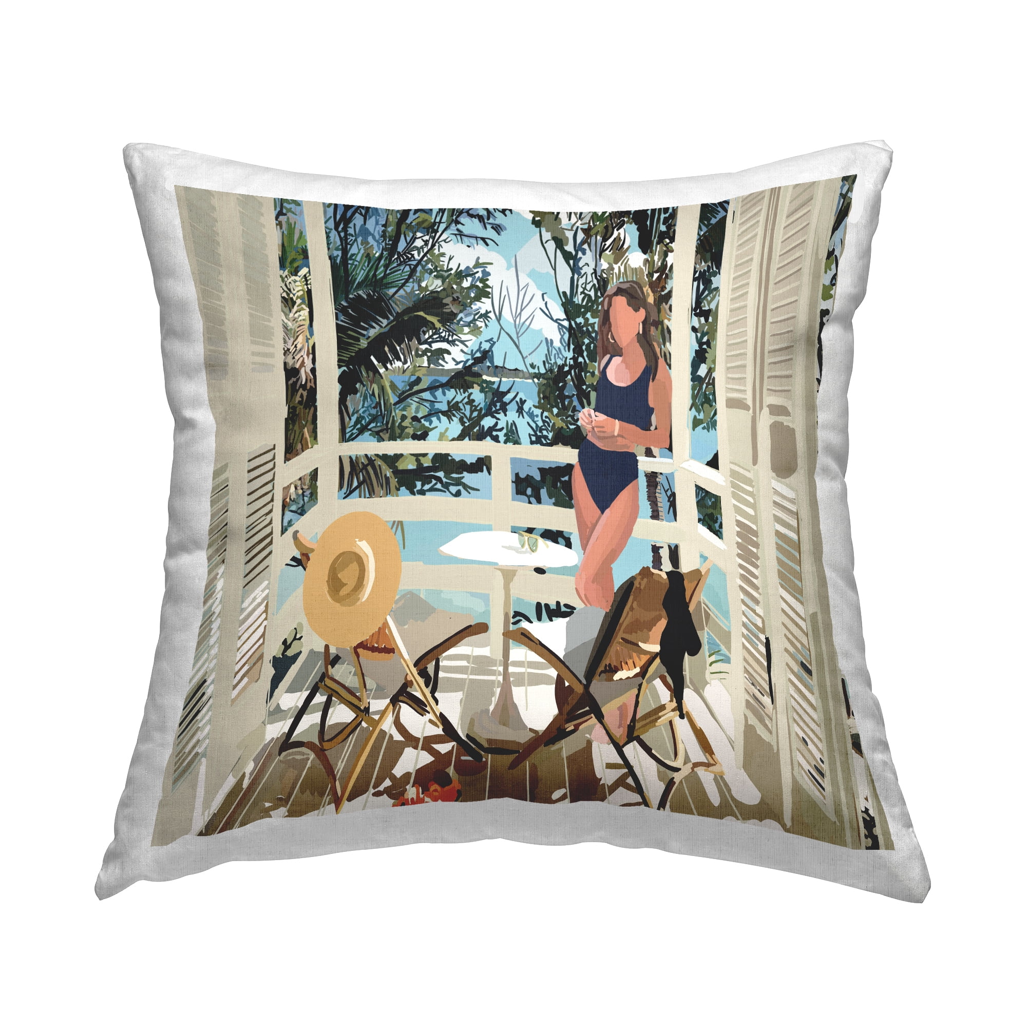 Stupell Industries Lounging Woman Coastal Beach Balcony Design by Amelia Noyes Throw Pillow