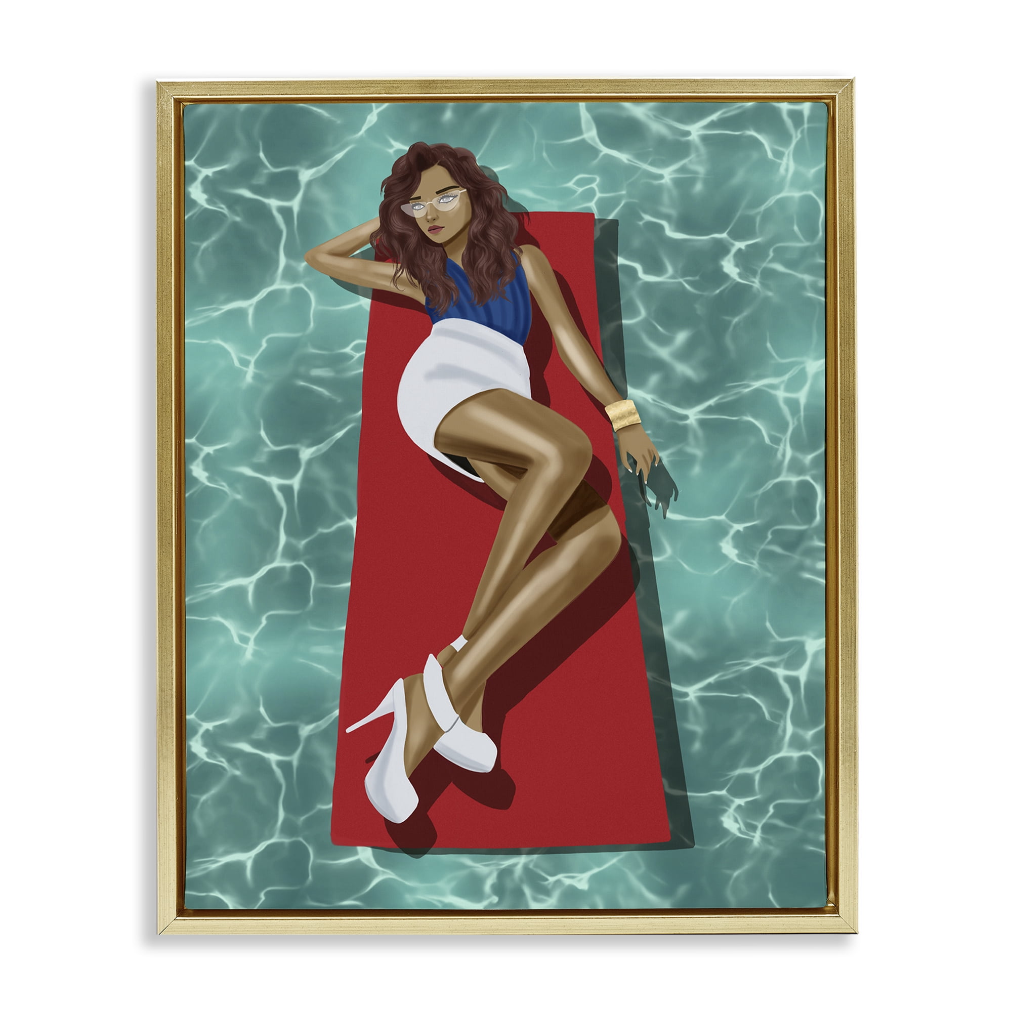 Stupell Industries Lounging on Pool Raft People Painting Gold Floater Framed Canvas Art Print Wall Art, 25 x 31