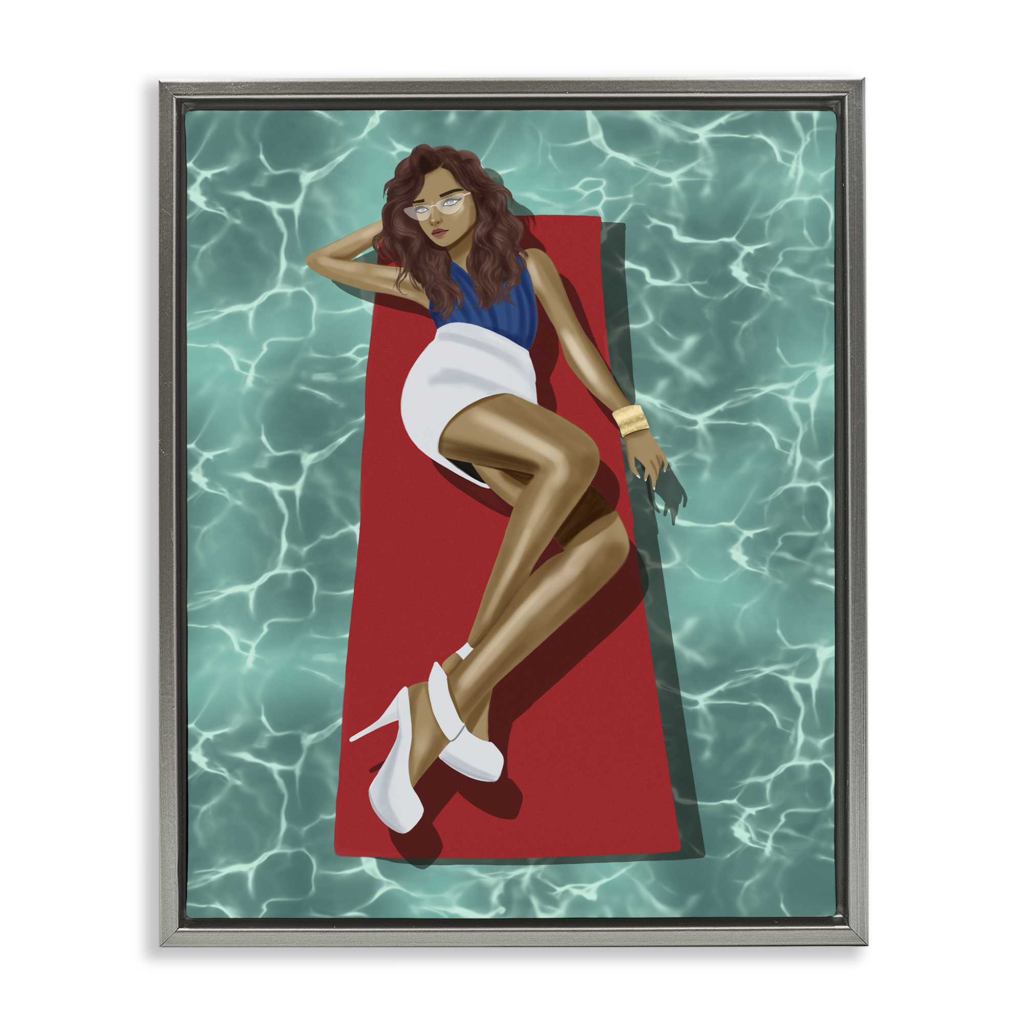 Stupell Industries Lounging on Pool Raft People Painting Gray Floater Framed Canvas Art Print Wall Art, 25 x 31