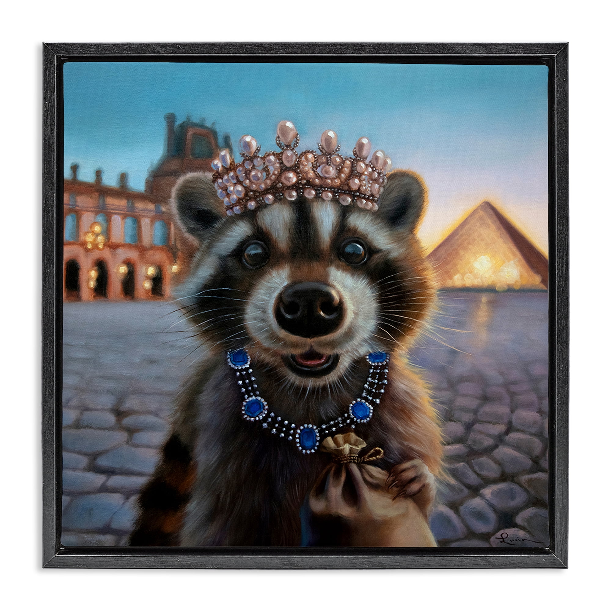 Stupell Industries Louvre Loot Raccoon Black Framed Floater Canvas Wall Art, design by Lucia Heffernan