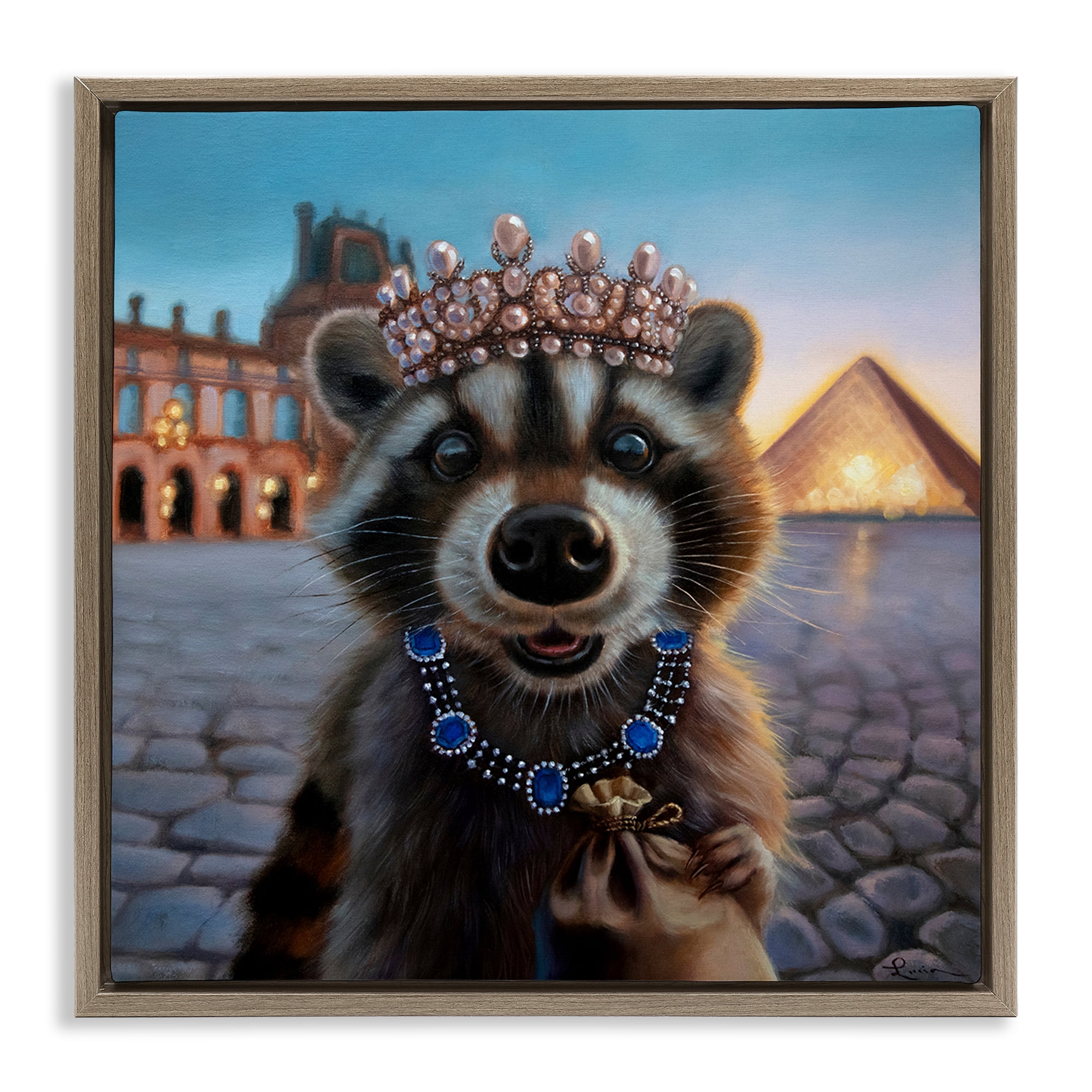 Stupell Industries Louvre Loot Raccoon Brown Framed Floater Canvas Wall Art, design by Lucia Heffernan