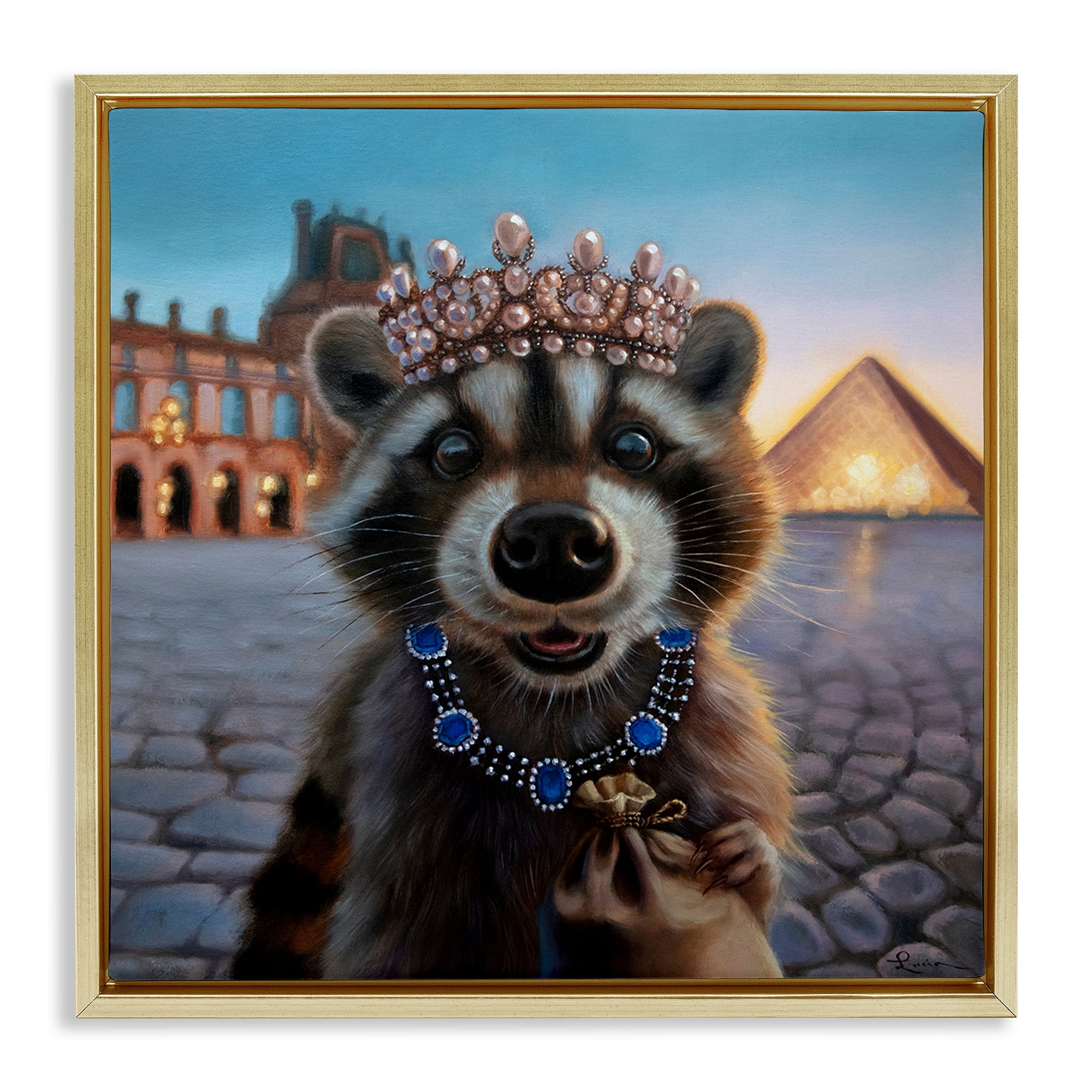 Stupell Industries Louvre Loot Raccoon Gold Framed Floater Canvas Wall Art, design by Lucia Heffernan